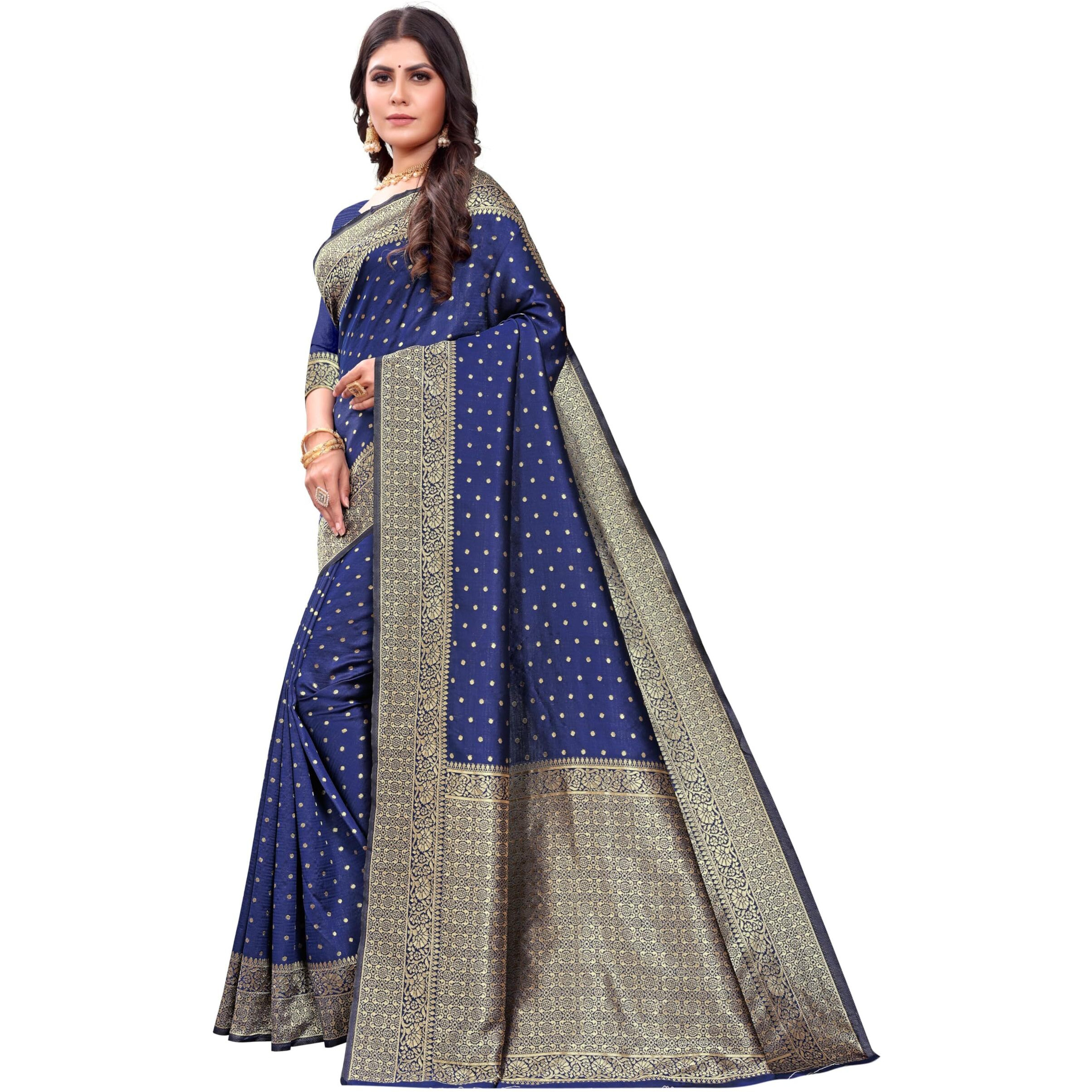 Sugathari Womens Banarasi Saree Pure Kanjivaram Silk Saree Soft new ladies 2023 Design Wear Sarees Latest Cotton Party Sari collections With Blouse Piece for Wedding sadi (SAM PARI-113 NAVY BLUE)