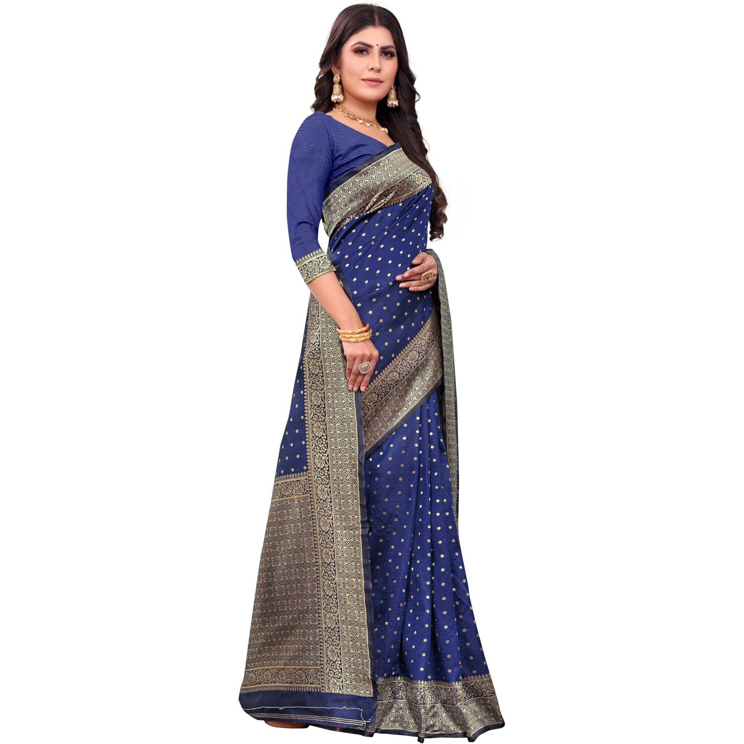 Sugathari Womens Banarasi Saree Pure Kanjivaram Silk Saree Soft new ladies 2023 Design Wear Sarees Latest Cotton Party Sari collections With Blouse Piece for Wedding sadi (SAM PARI-113 NAVY BLUE)