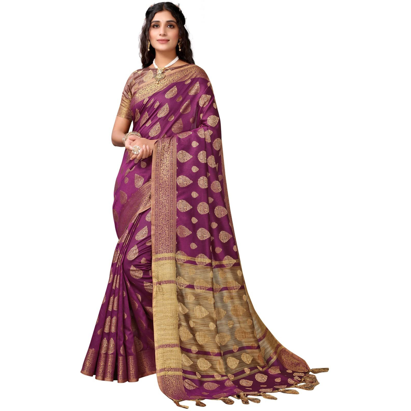 SIRIL Womens Tassel & Jacquard Cotton Silk Saree with Unstitched Blouse Piece(2497S3012_Purple1)