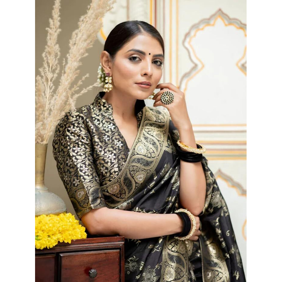 Leriya Fashion Womens Pure Jacquard Banarasi Kanjivarm Cotton Silk Saree with Blouse Piece | Saree Printed (Black)
