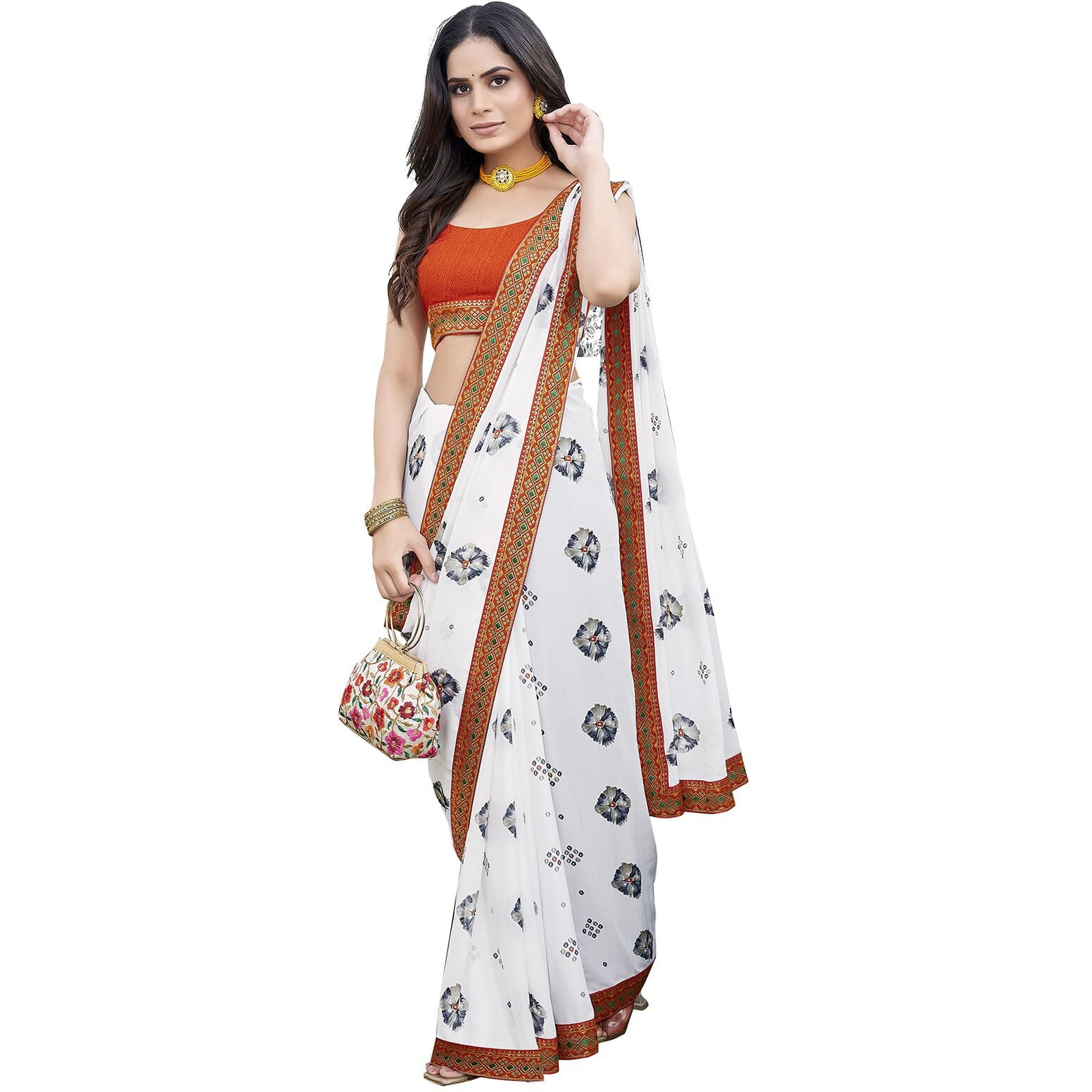 Yashika Womens Georgette Saree Printed Saree With Unstitched Blouse Material - Suitable For All Indian Occasions and Festivals (AZ-YS-OG-MURGA ORANGE)