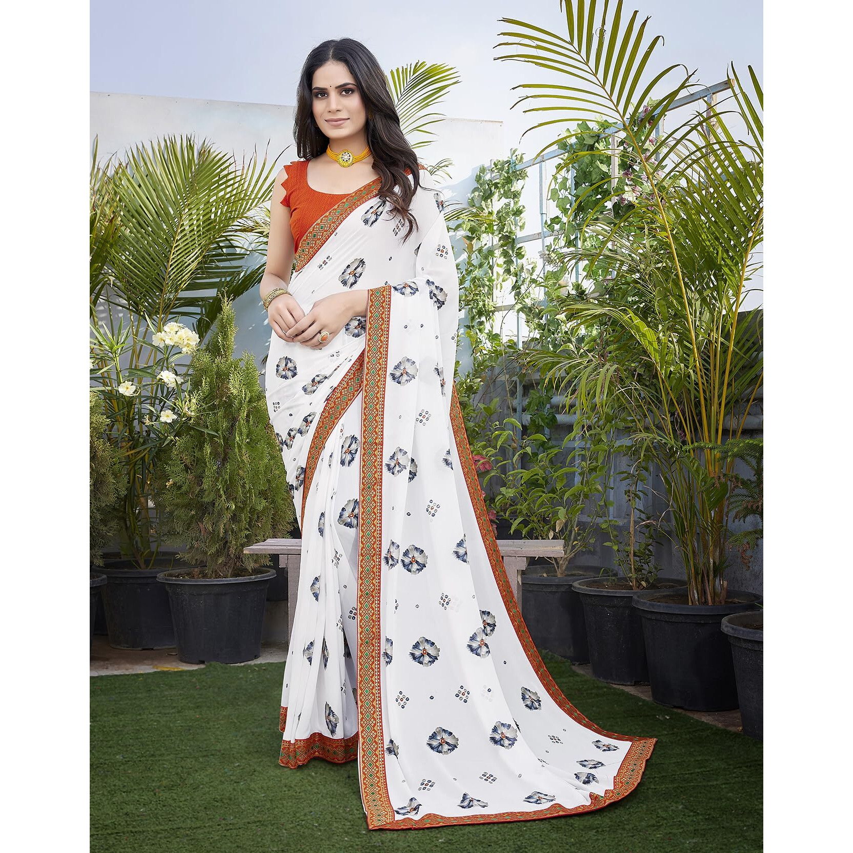 Yashika Womens Georgette Saree Printed Saree With Unstitched Blouse Material - Suitable For All Indian Occasions and Festivals (AZ-YS-OG-MURGA ORANGE)