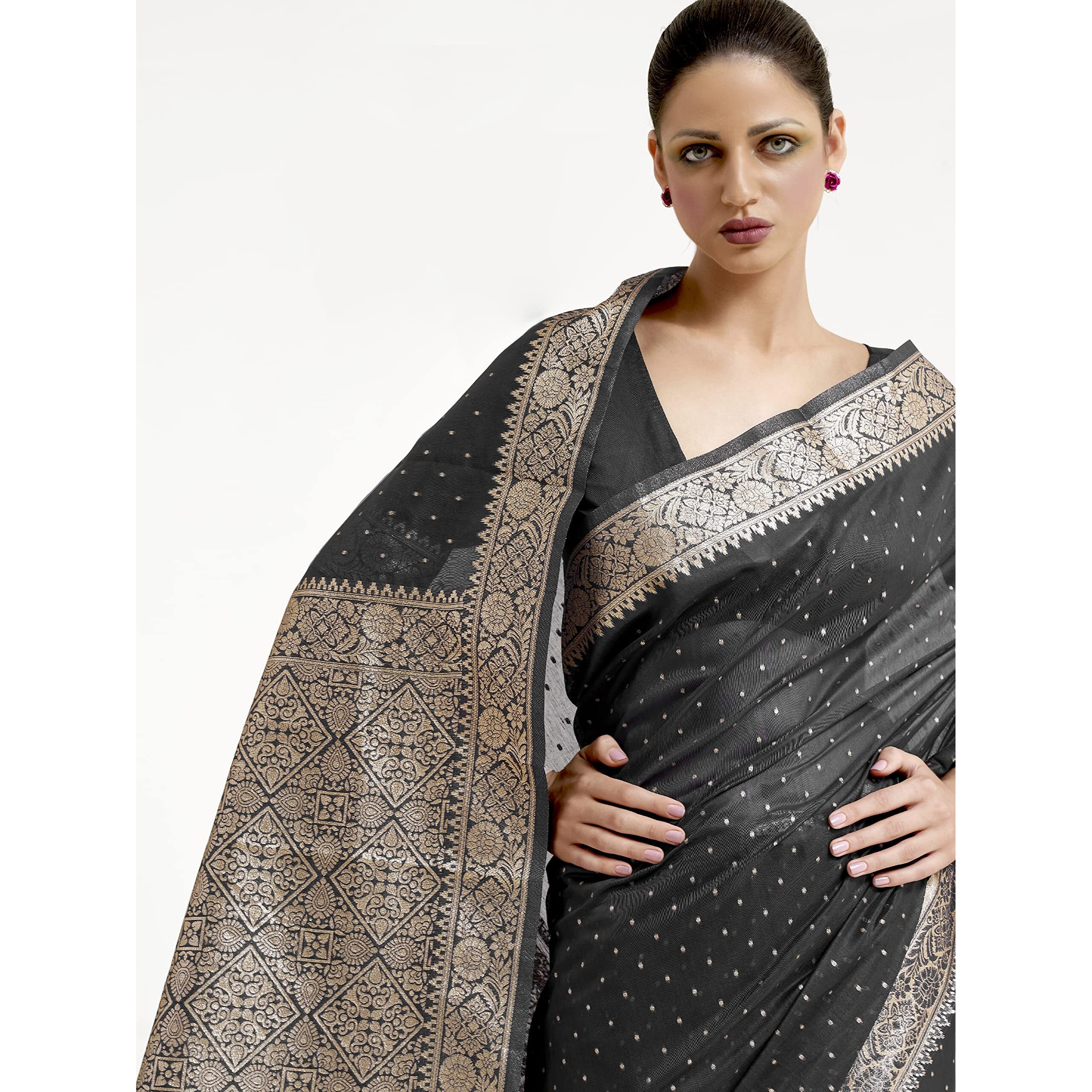 AKHILAM Women Banarasi Silk saree With Blouse Piece Black