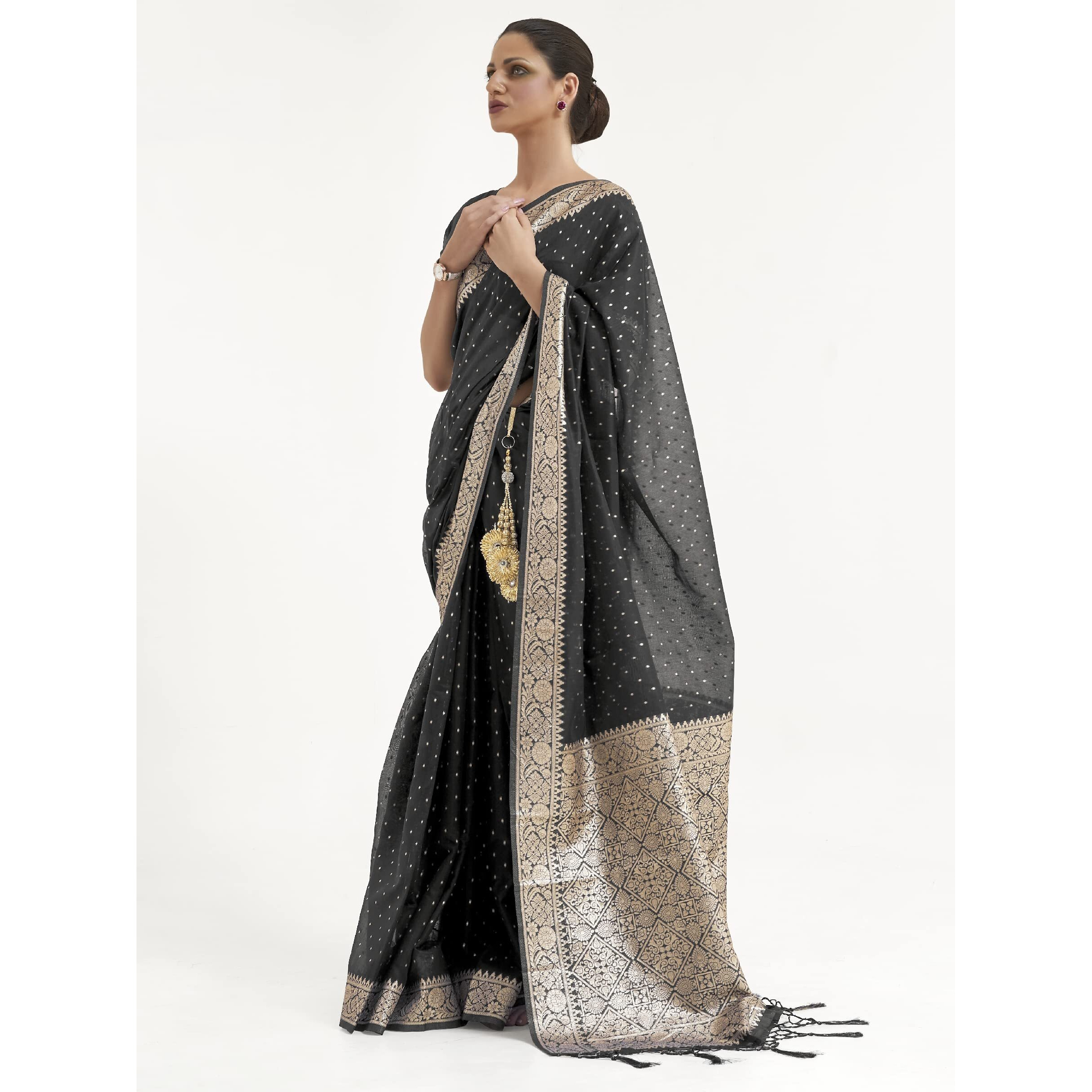 AKHILAM Women Banarasi Silk saree With Blouse Piece Black