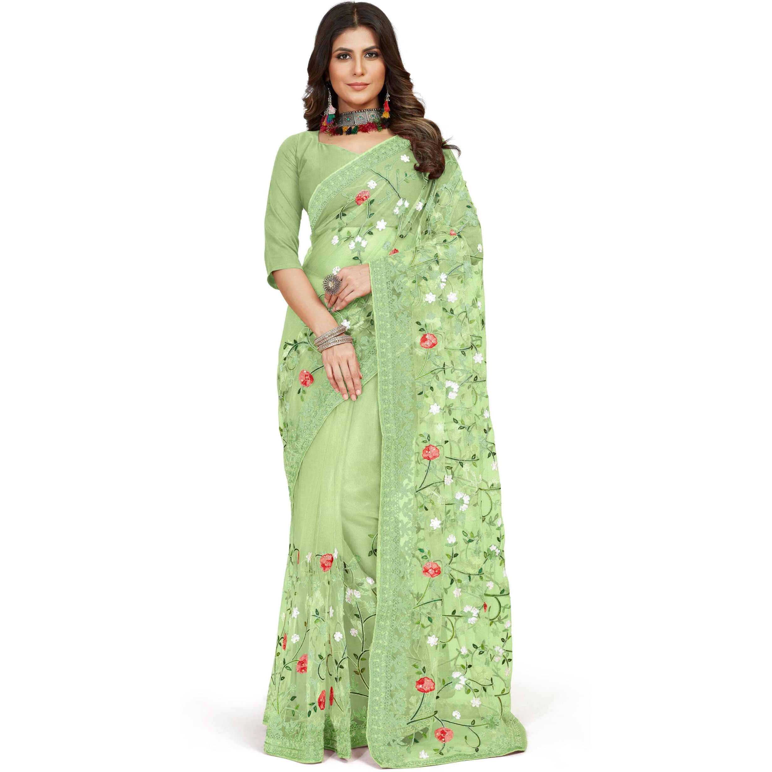 Jaanvi fashion Womens Floral Embroidery Work Net Silk Saree with Lace Border & Blouse Piece (mm-realme-green)
