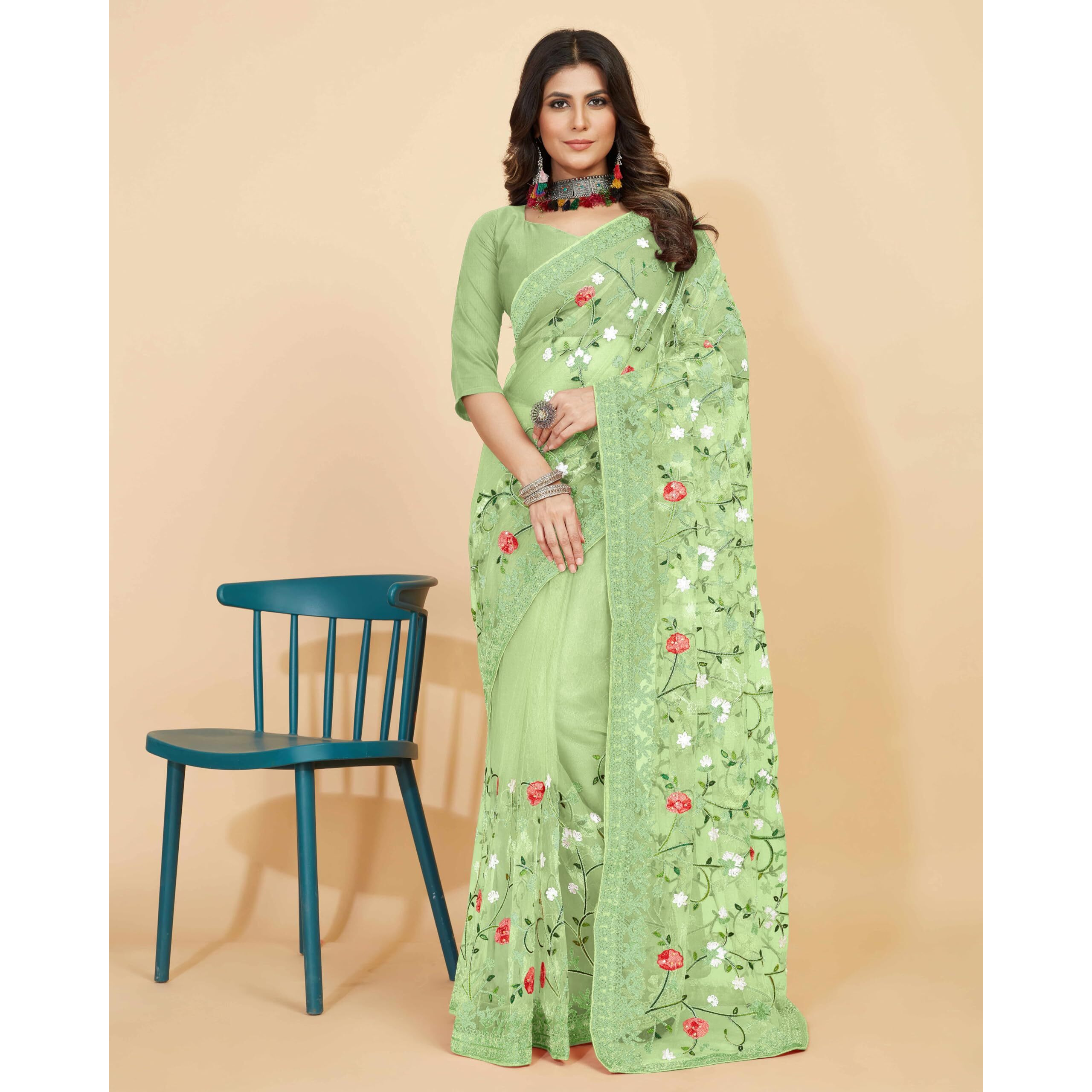 Jaanvi fashion Womens Floral Embroidery Work Net Silk Saree with Lace Border & Blouse Piece (mm-realme-green)
