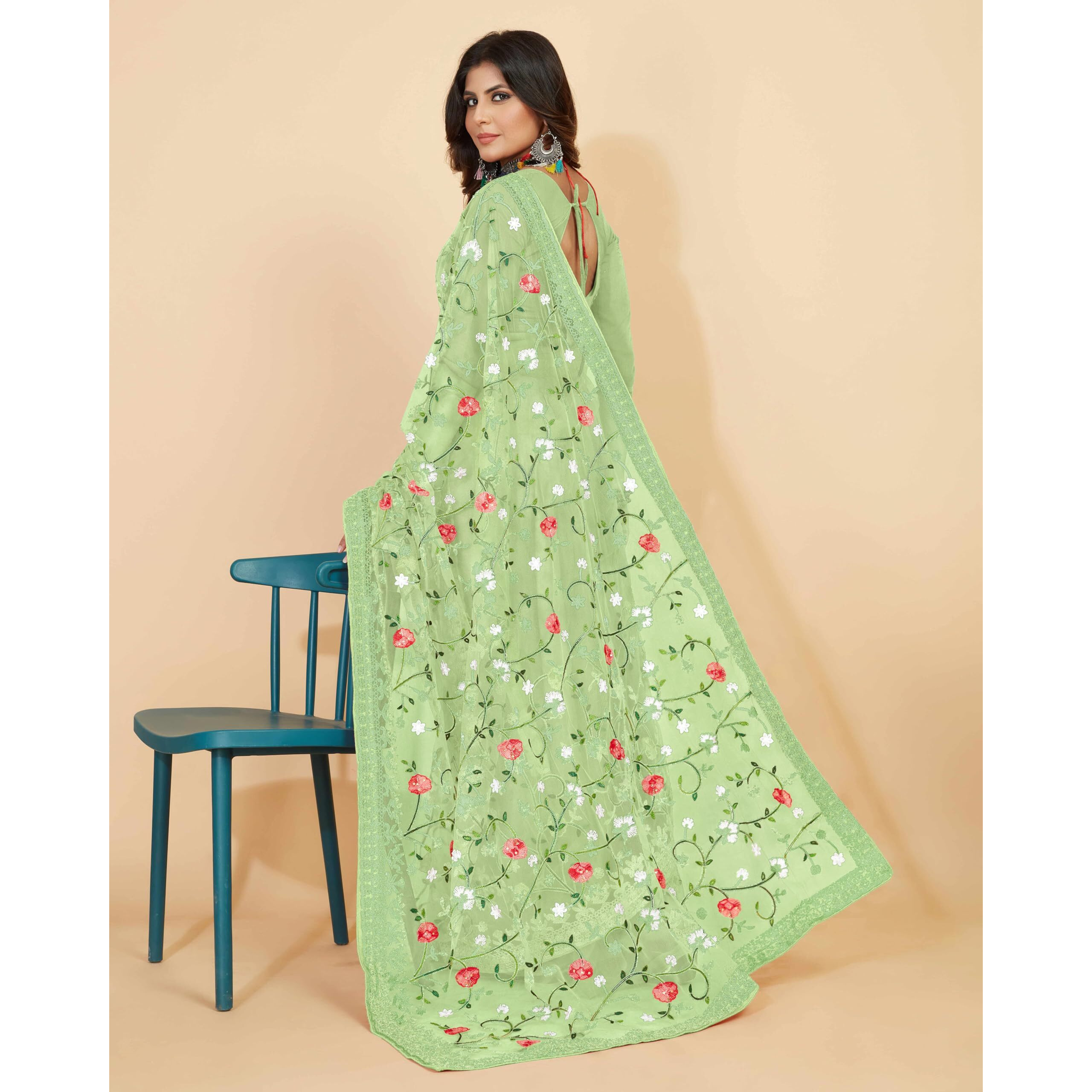 Jaanvi fashion Womens Floral Embroidery Work Net Silk Saree with Lace Border & Blouse Piece (mm-realme-green)
