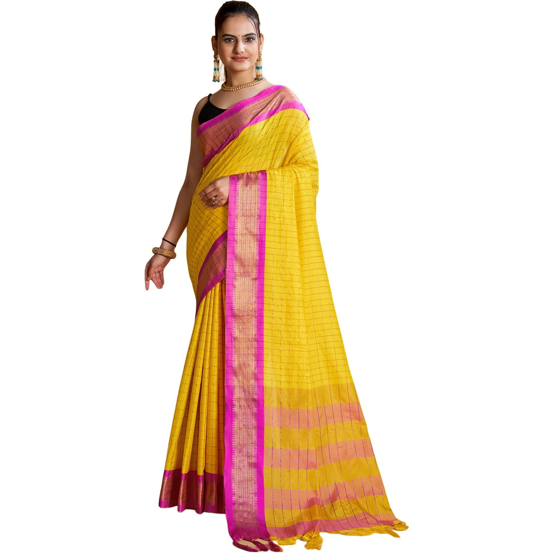 SIRIL Womens Cotton Silk Jacquard Saree With Unstitched Blouse Piece (3388S103_Yellow)