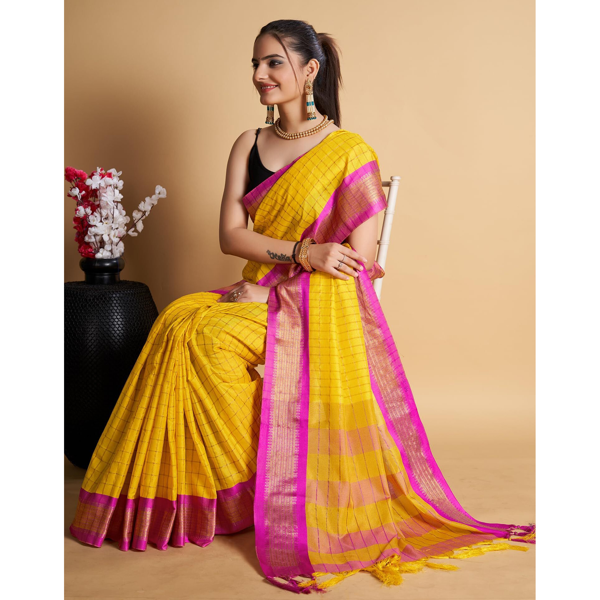 SIRIL Womens Cotton Silk Jacquard Saree With Unstitched Blouse Piece (3388S103_Yellow)