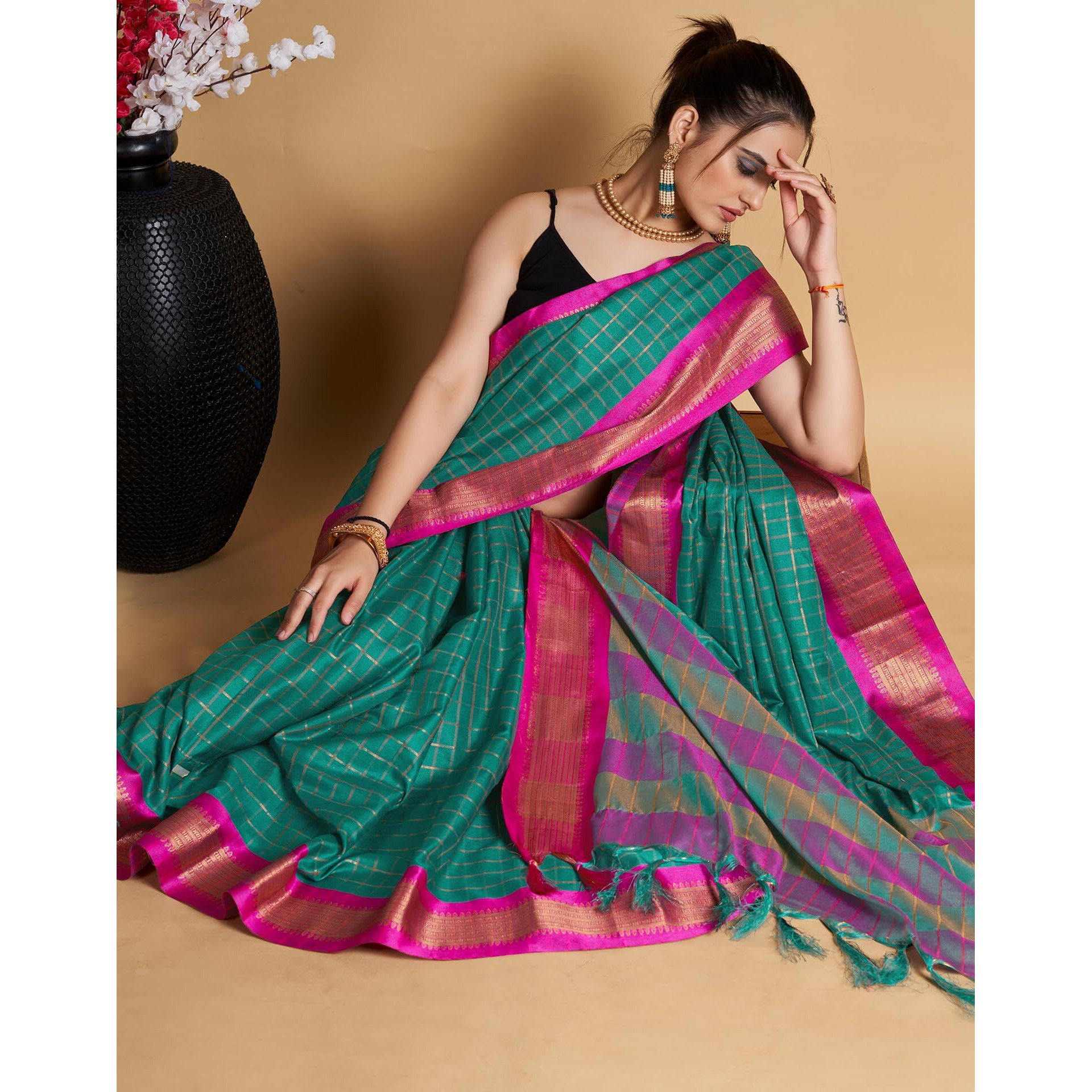 SIRIL Womens Cotton Silk Jacquard Saree With Unstitched Blouse Piece (3388S106_Rama Green)