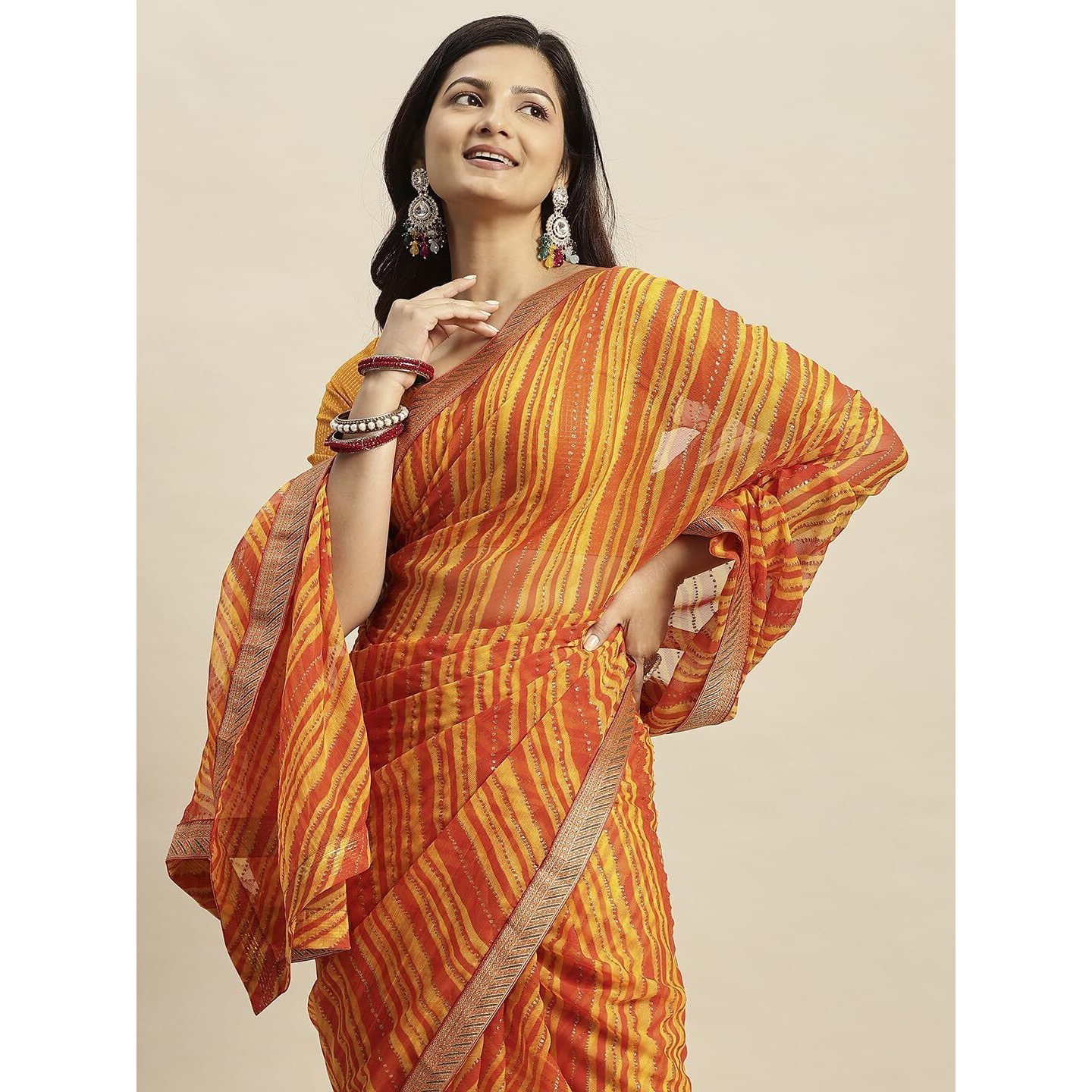 RATAN Womens Chiffon Lehriya Printed Saree without Blouse Piece(APL-9393_Yellow)