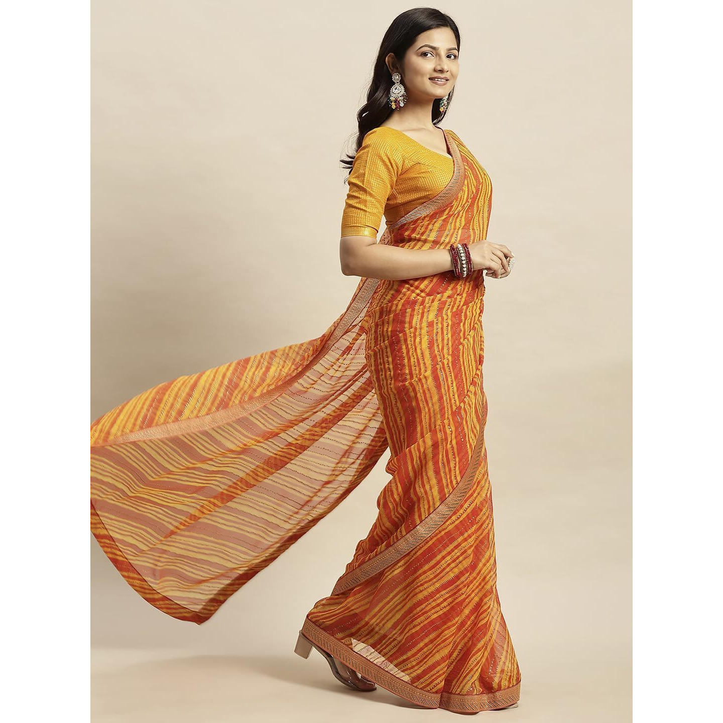RATAN Womens Chiffon Lehriya Printed Saree without Blouse Piece(APL-9393_Yellow)