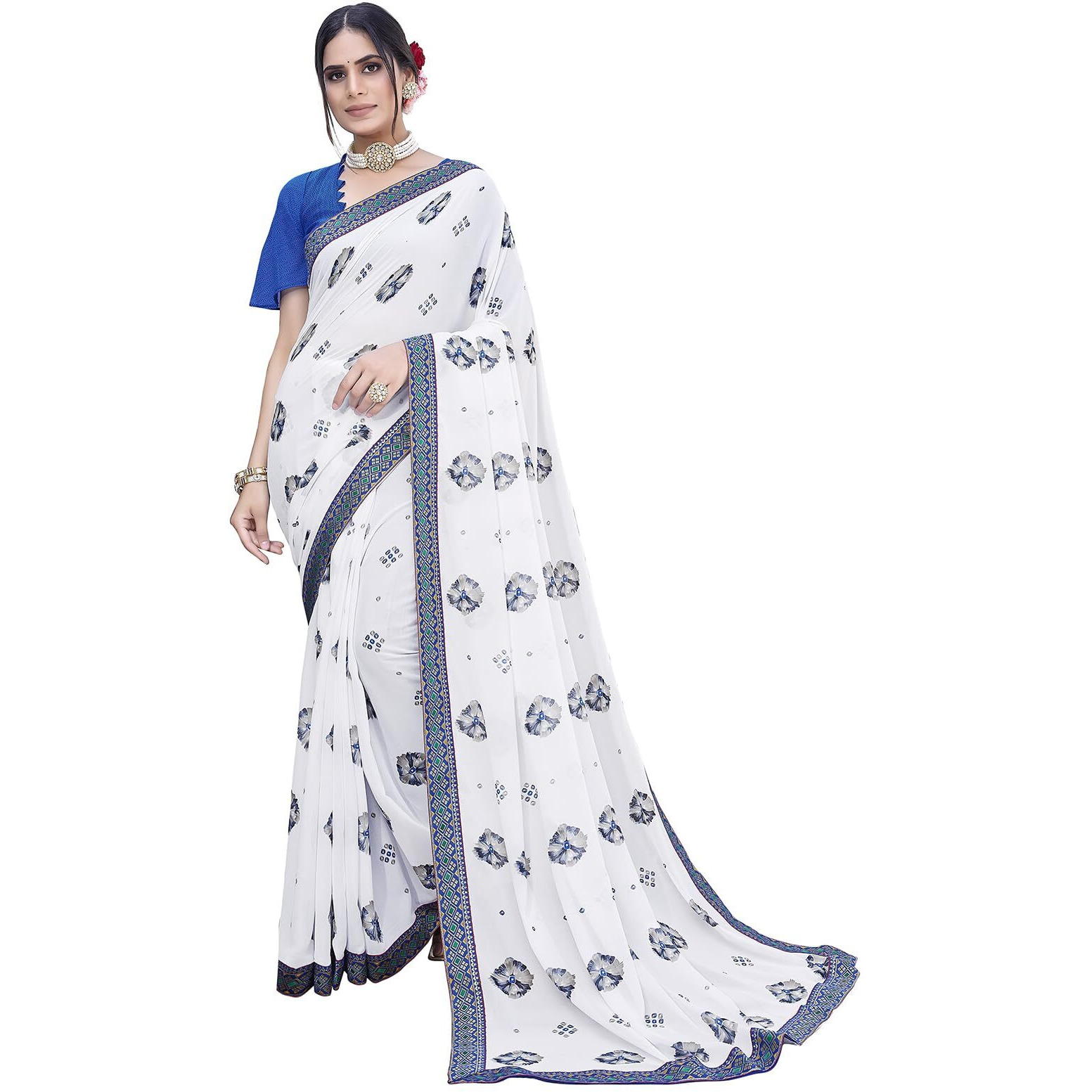 Yashika Womens Georgette Saree Printed Saree With Unstitched Blouse Material - Suitable For All Indian Occasions and Festivals (AZ-YS-OG-MURGA BLUE)