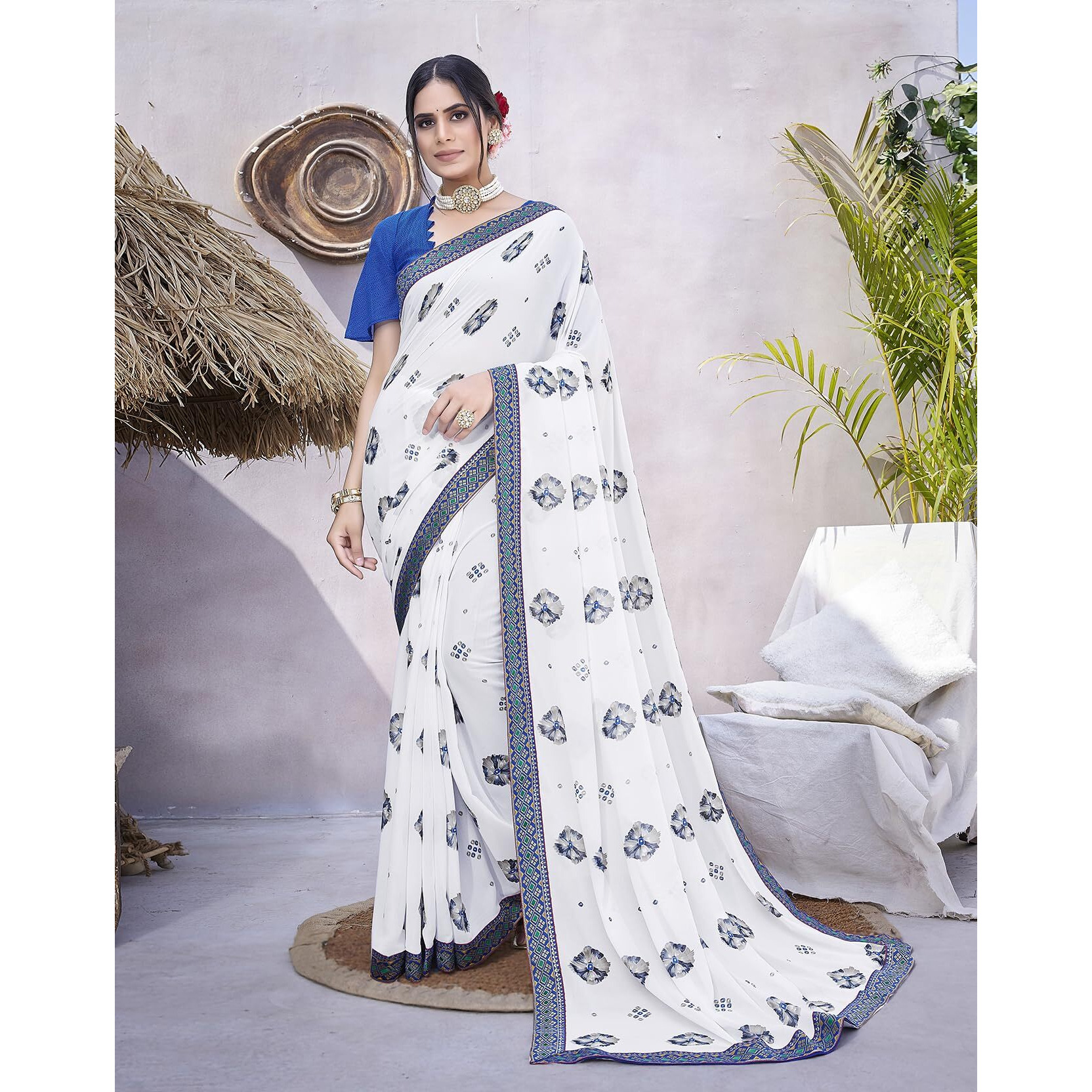 Yashika Womens Georgette Saree Printed Saree With Unstitched Blouse Material - Suitable For All Indian Occasions and Festivals (AZ-YS-OG-MURGA BLUE)