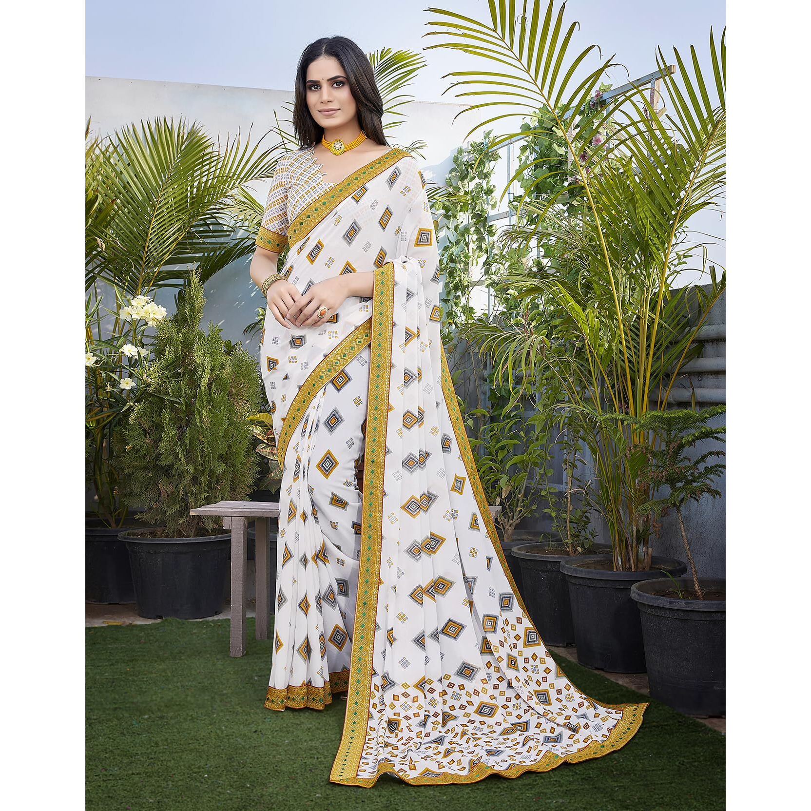 Yashika Womens Georgette Saree Printed Saree With Unstitched Blouse Material - Suitable For All Indian Occasions and Festivals (AZ-YS-OG-ANUSHI YELLOW)