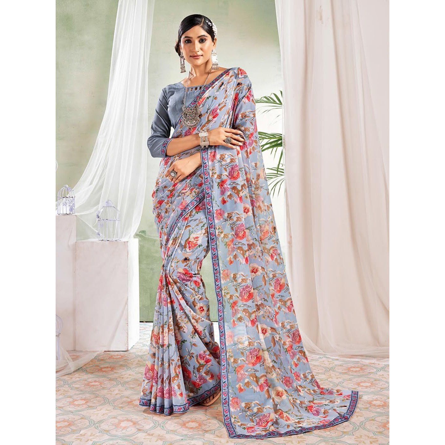 Jaanvi fashion Womens Floral Printed Georgette Saree With Printed Lace Border & Blouse Piece (savera-georgette-1298)
