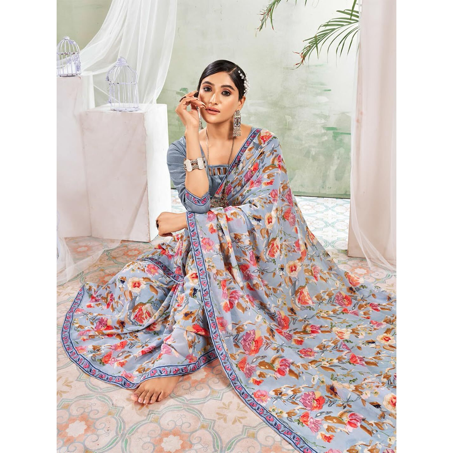 Jaanvi fashion Womens Floral Printed Georgette Saree With Printed Lace Border & Blouse Piece (savera-georgette-1298)