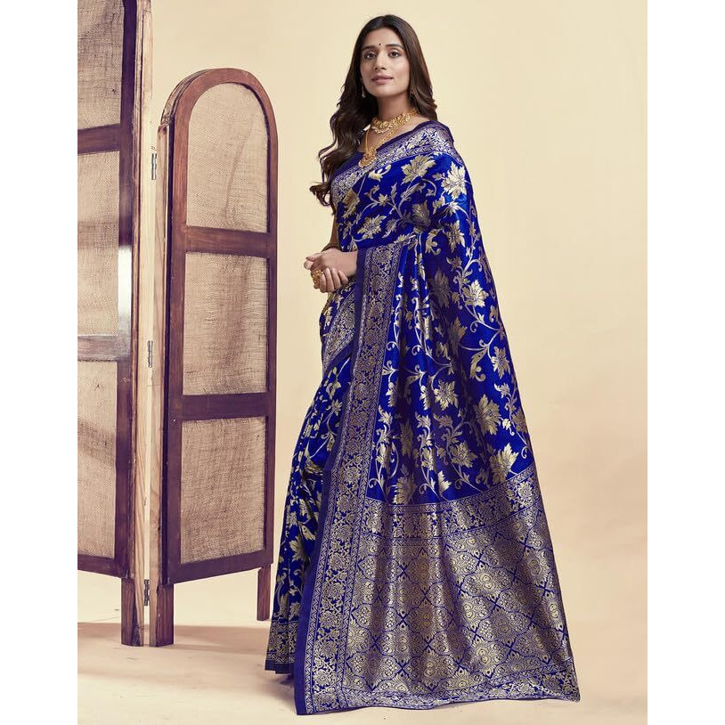 SIRIL Womens Silk Jacquard Saree With Unstitched Blouse Piece (3649S384_Royal Blue)