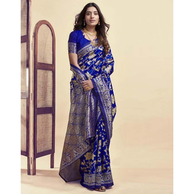 SIRIL Womens Silk Jacquard Saree With Unstitched Blouse Piece (3649S384_Royal Blue)