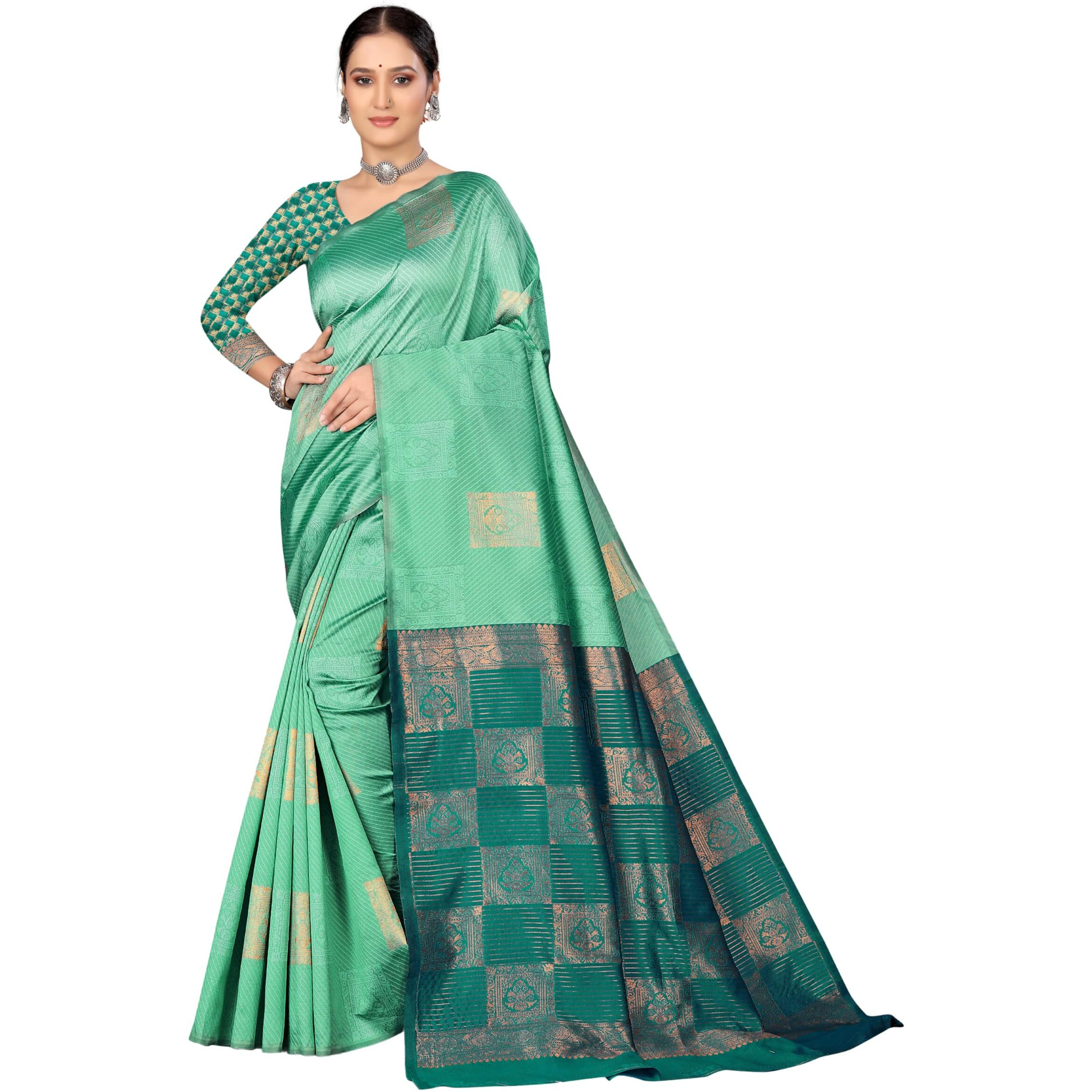 Leriya Fashion Womens Assam Kanchipuram Pure Banarasi Art Silk Saree with Unstitched Blouse Piece (Light Green)