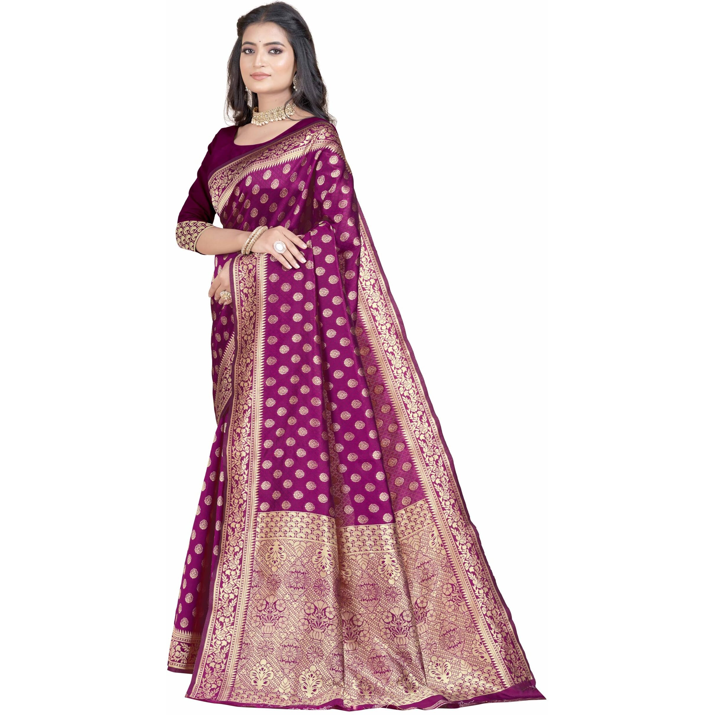 Sugathari Womens Banarasi Saree Pure Kanjivaram Silk Saree Soft new ladies 2023 Design Wear Pattu Sarees Latest Party Sari collections With Blouse Piece for Wedding sadi (SAN PARI-192 WINE)