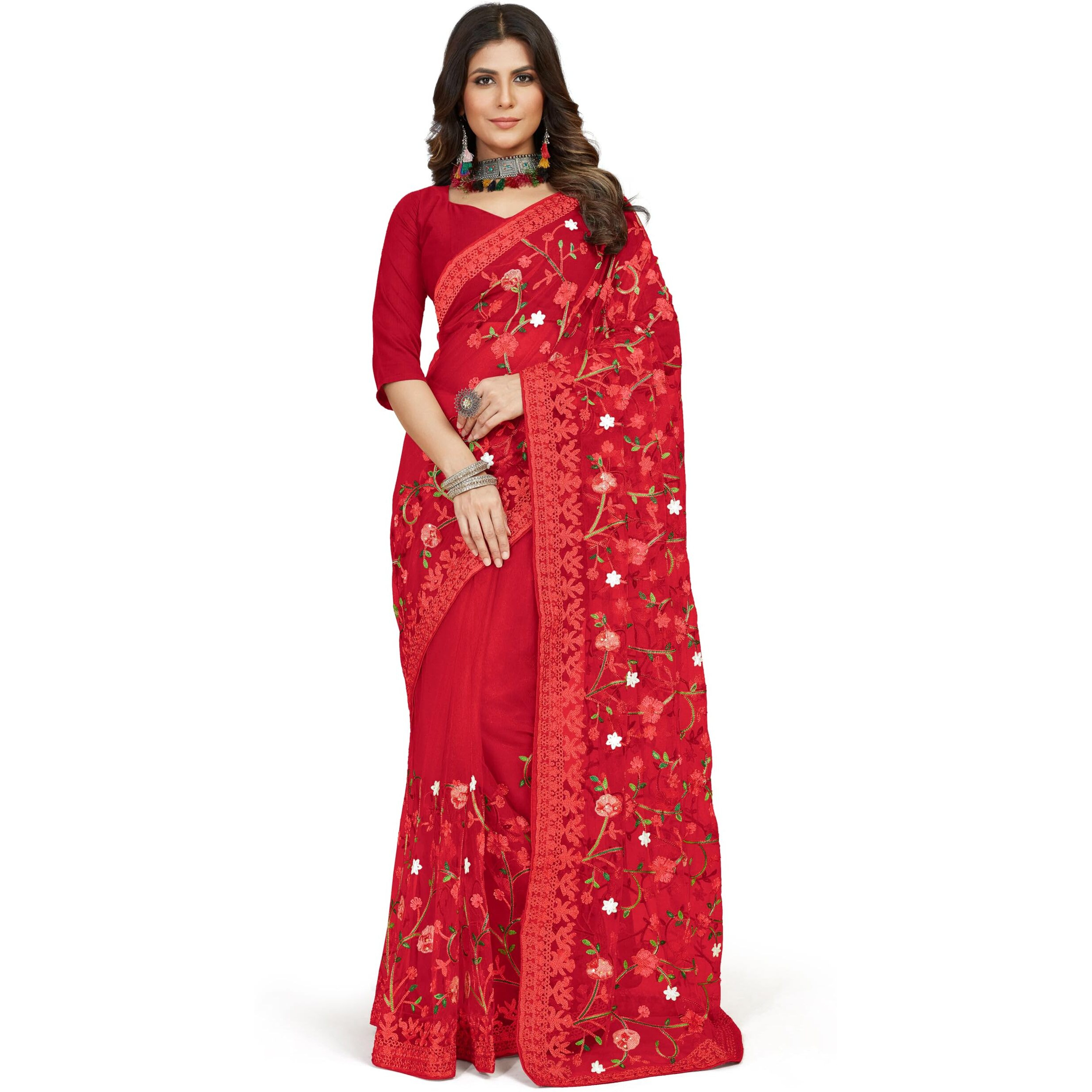 Jaanvi fashion Womens Floral Embroidery Work Net Silk Saree with Lace Border & Blouse Piece (mm-realme-red)