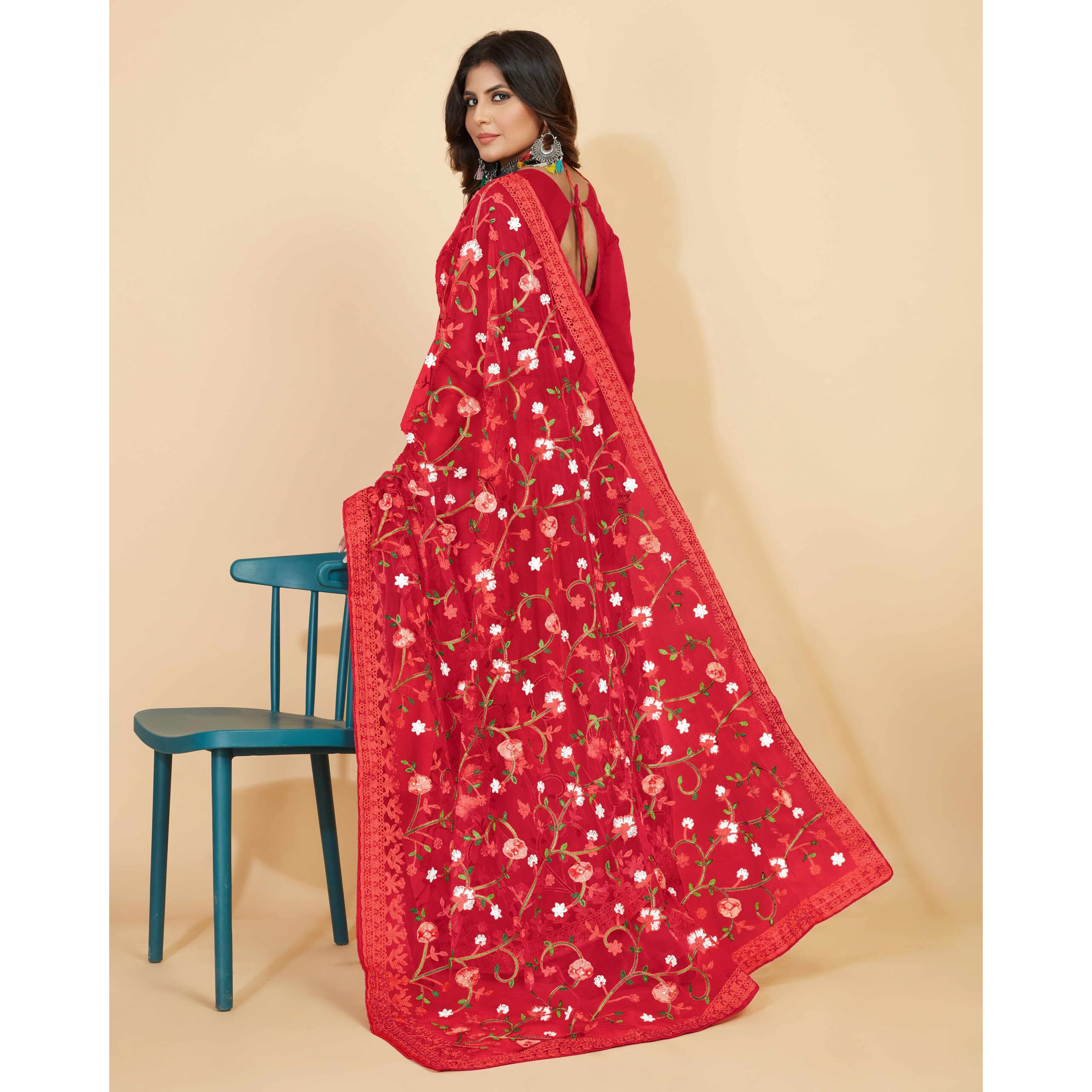 Jaanvi fashion Womens Floral Embroidery Work Net Silk Saree with Lace Border & Blouse Piece (mm-realme-red)