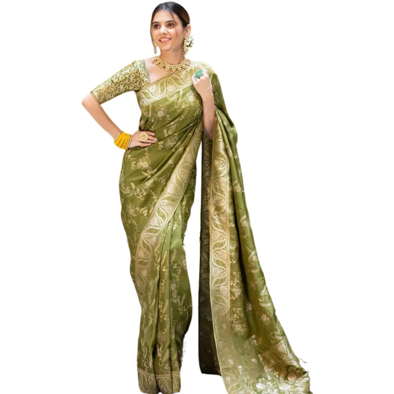 Leriya Fashion Womens Pure Jacquard Banarasi Kanjivarm Cotton Silk Saree with Blouse Piece | Saree Printed (Green)