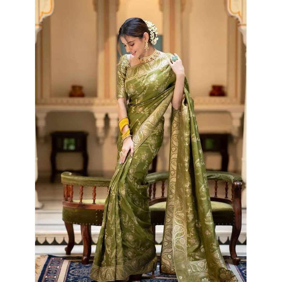 Leriya Fashion Womens Pure Jacquard Banarasi Kanjivarm Cotton Silk Saree with Blouse Piece | Saree Printed (Green)