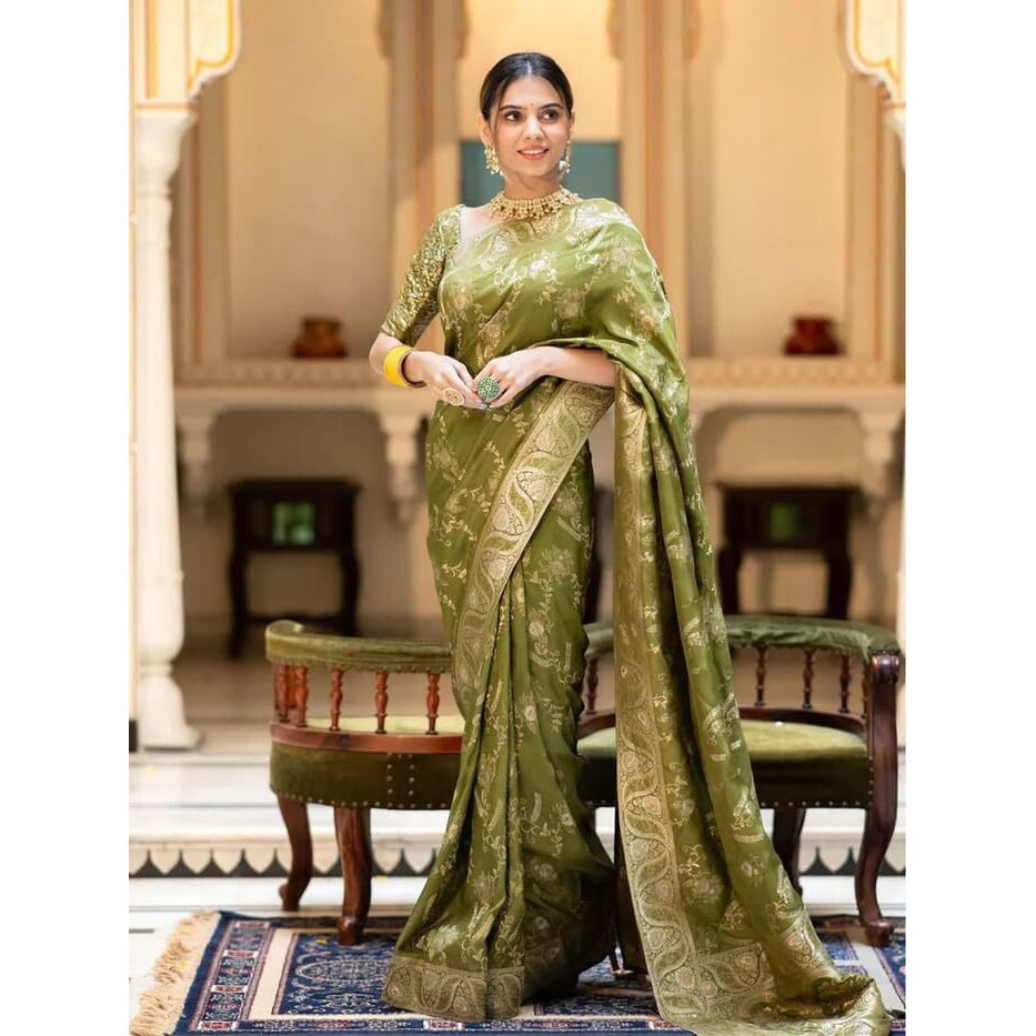 Leriya Fashion Womens Pure Jacquard Banarasi Kanjivarm Cotton Silk Saree with Blouse Piece | Saree Printed (Green)