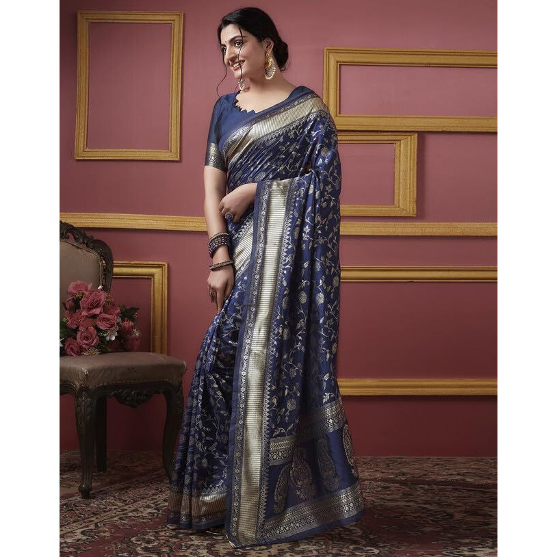 SIRIL Womens Art Silk Jacquard Saree With Unstitched Blouse Piece (3581S171_Navy Blue)