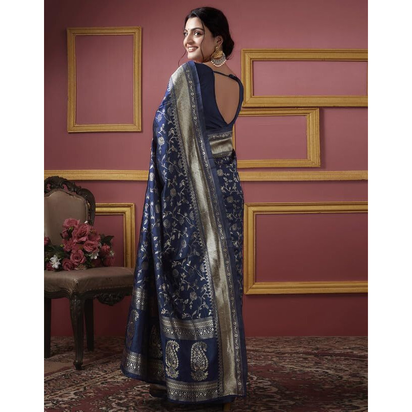 SIRIL Womens Art Silk Jacquard Saree With Unstitched Blouse Piece (3581S171_Navy Blue)