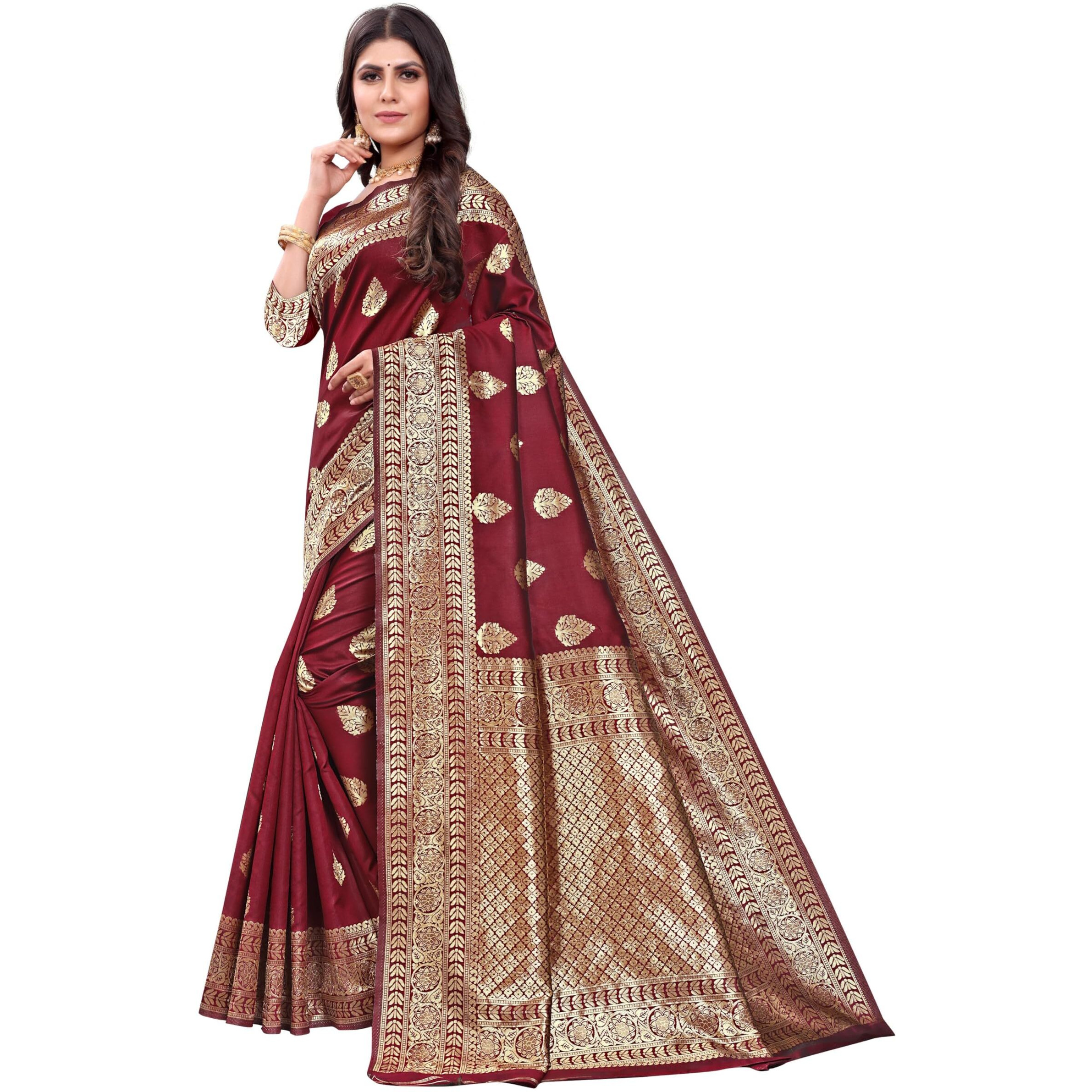Sugathari Womens Banarasi Saree Pure Kanjivaram Silk Saree Soft new ladies 2023 Design Wear Pattu Sarees Latest Cotton Party Sari collections With Blouse Piece for Wedding sadi (SAM PARI-120 MAROON)