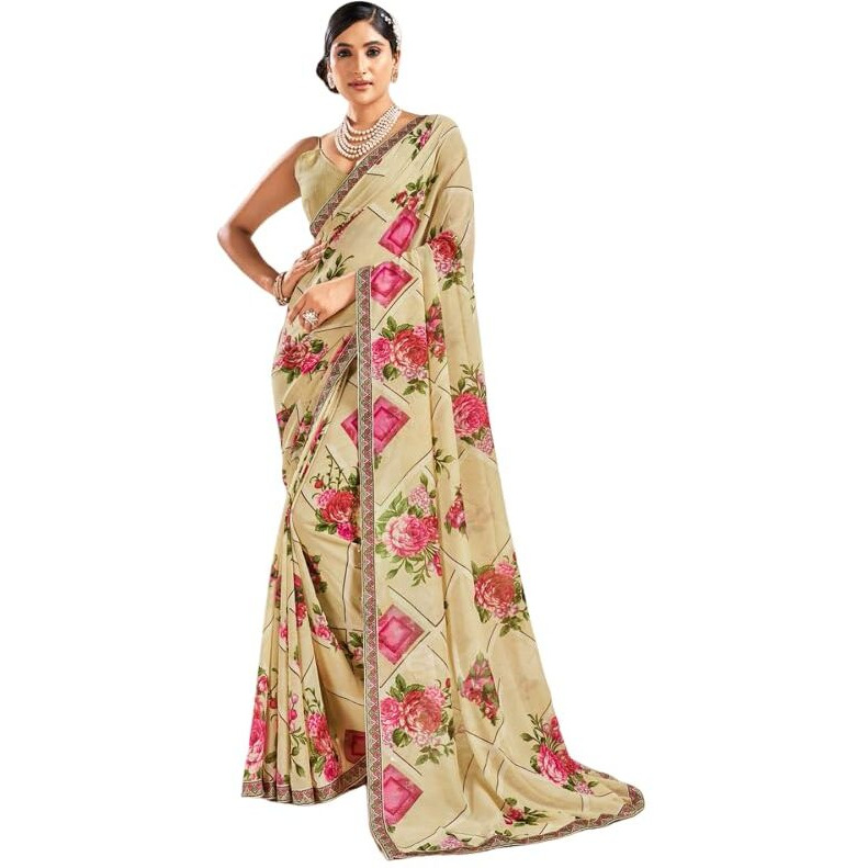 Jaanvi fashion Womens Floral Printed Georgette Saree With Printed Lace Border & Blouse Piece (savera-georgette-1293)