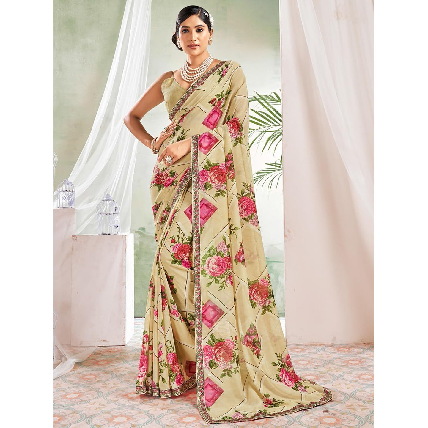 Jaanvi fashion Womens Floral Printed Georgette Saree With Printed Lace Border & Blouse Piece (savera-georgette-1293)