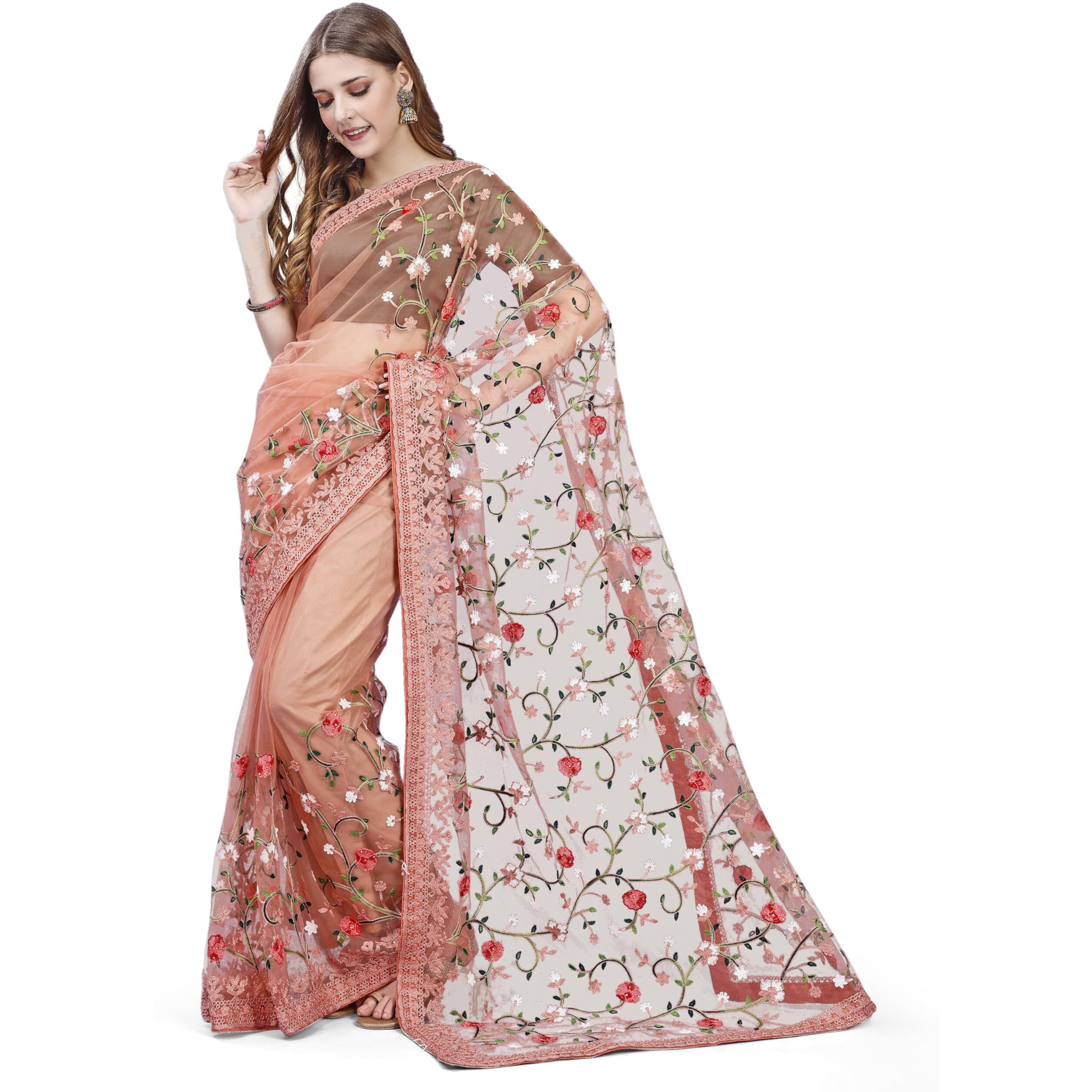 Jaanvi fashion Womens Floral Embroidery Work Net Silk Saree with Lace Border & Blouse Piece (mm-realme-peach-re)