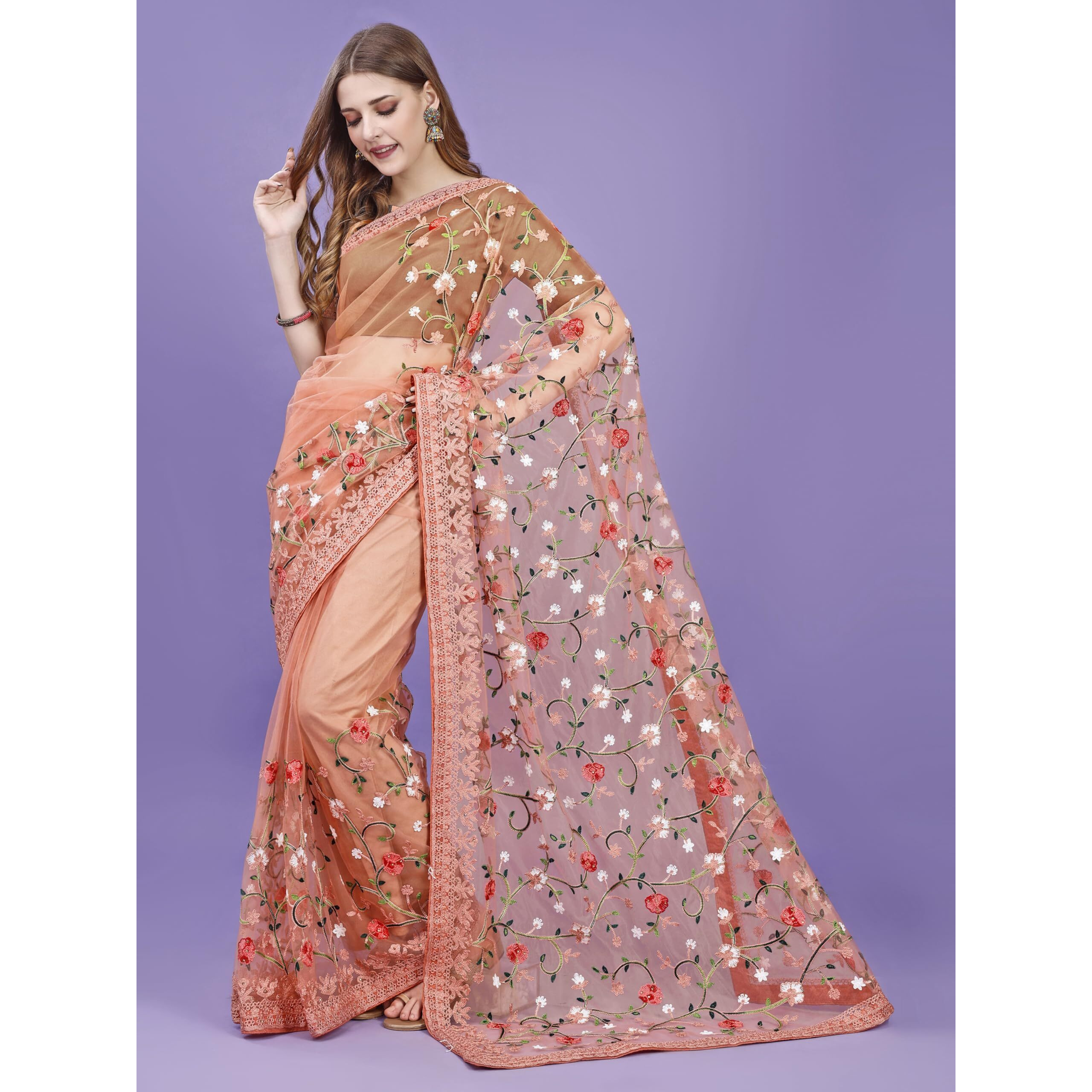 Jaanvi fashion Womens Floral Embroidery Work Net Silk Saree with Lace Border & Blouse Piece (mm-realme-peach-re)