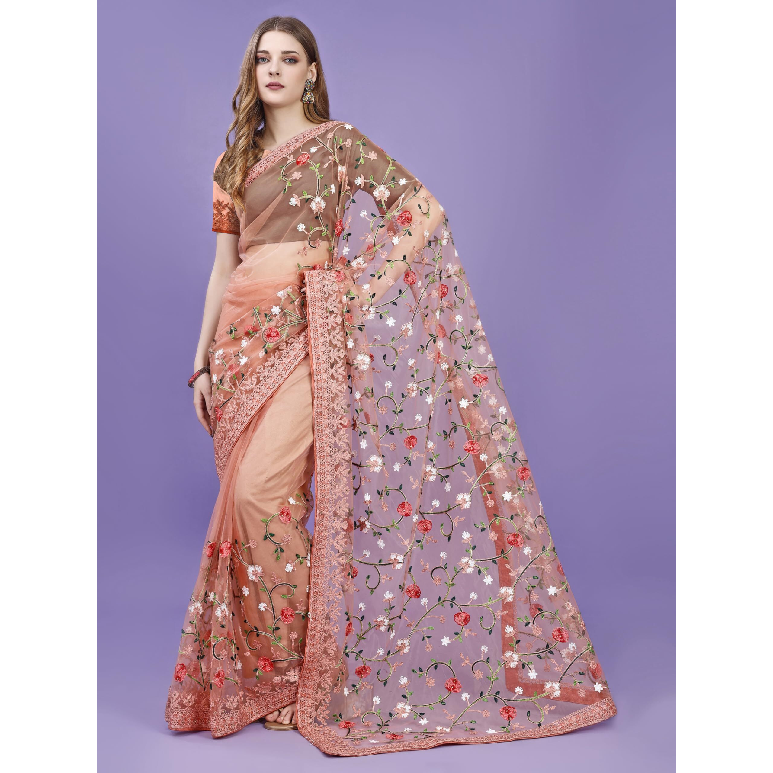 Jaanvi fashion Womens Floral Embroidery Work Net Silk Saree with Lace Border & Blouse Piece (mm-realme-peach-re)