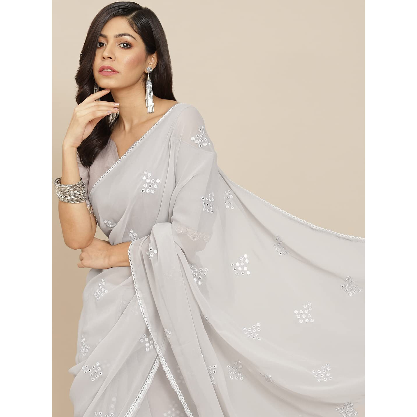Womanista Womens Georgette Saree with Mirror Work (TI2830_Grey)