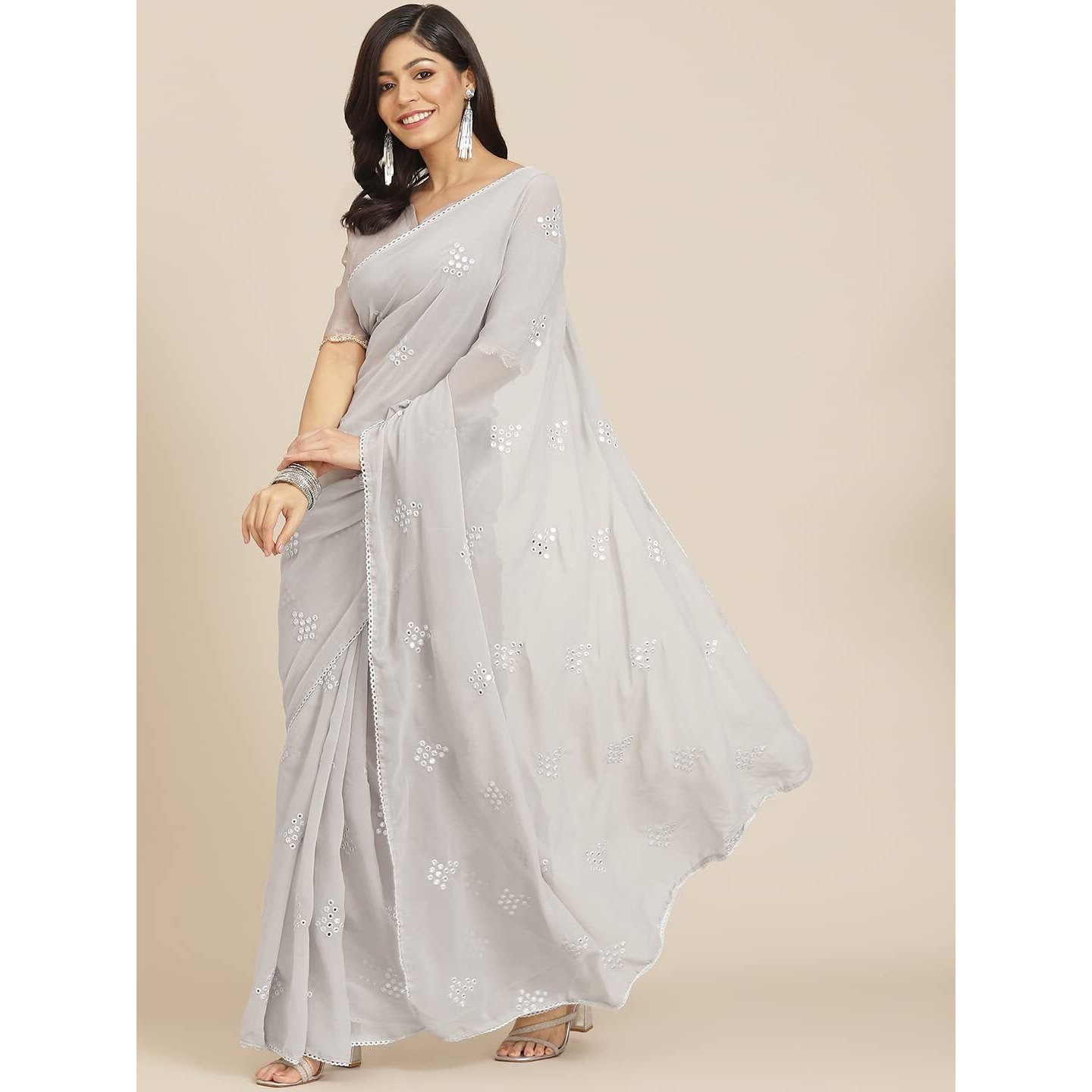 Womanista Womens Georgette Saree with Mirror Work (TI2830_Grey)