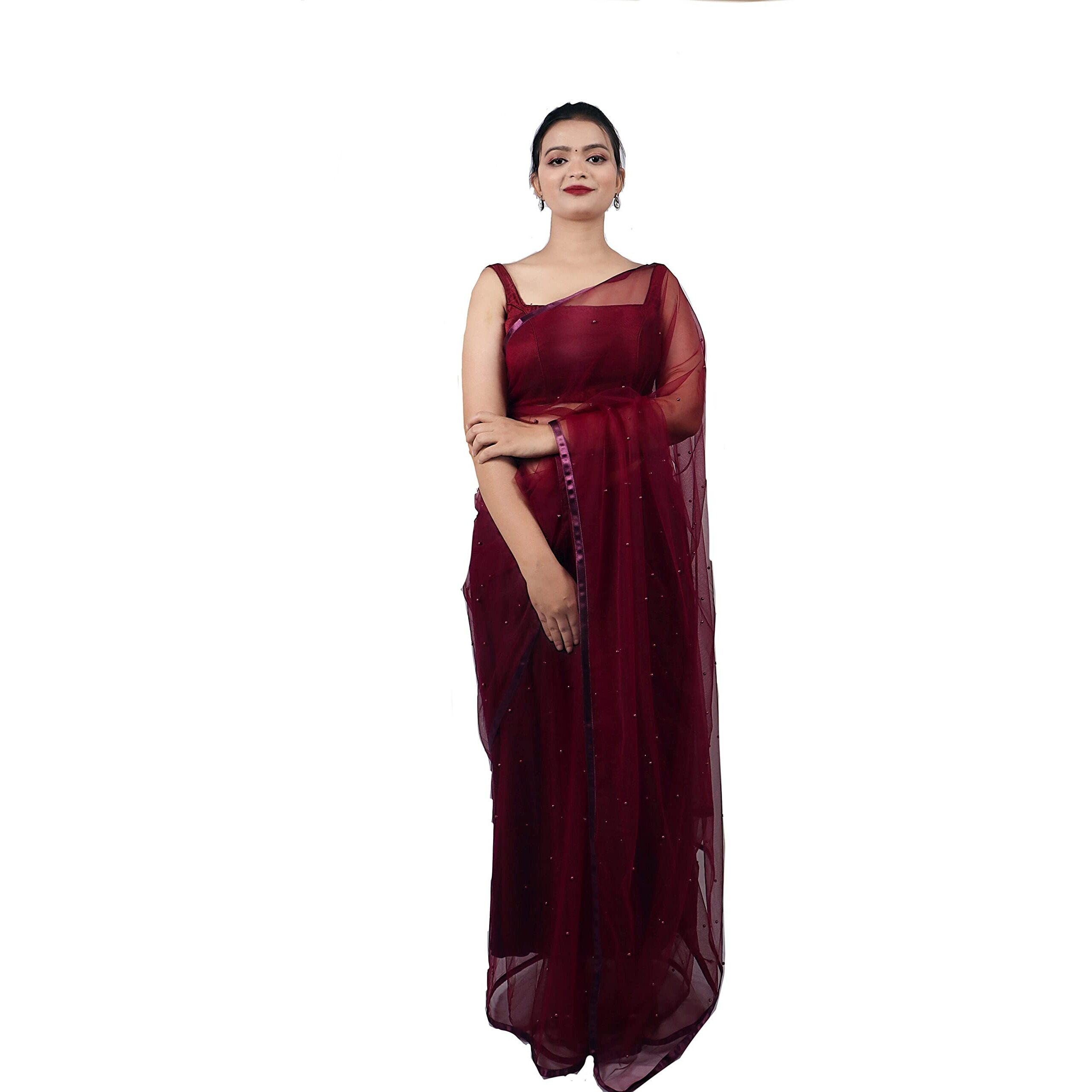 Wardrobe Luxury Womens Plain Net Saree (WL_014_MAROON_Red, Maroon)