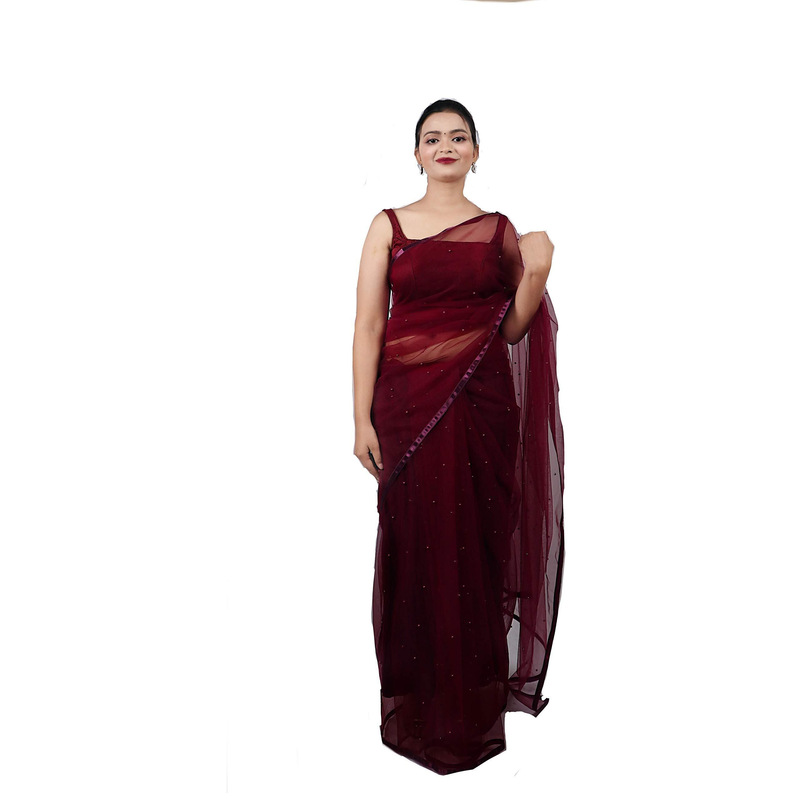 Wardrobe Luxury Womens Plain Net Saree (WL_014_MAROON_Red, Maroon)