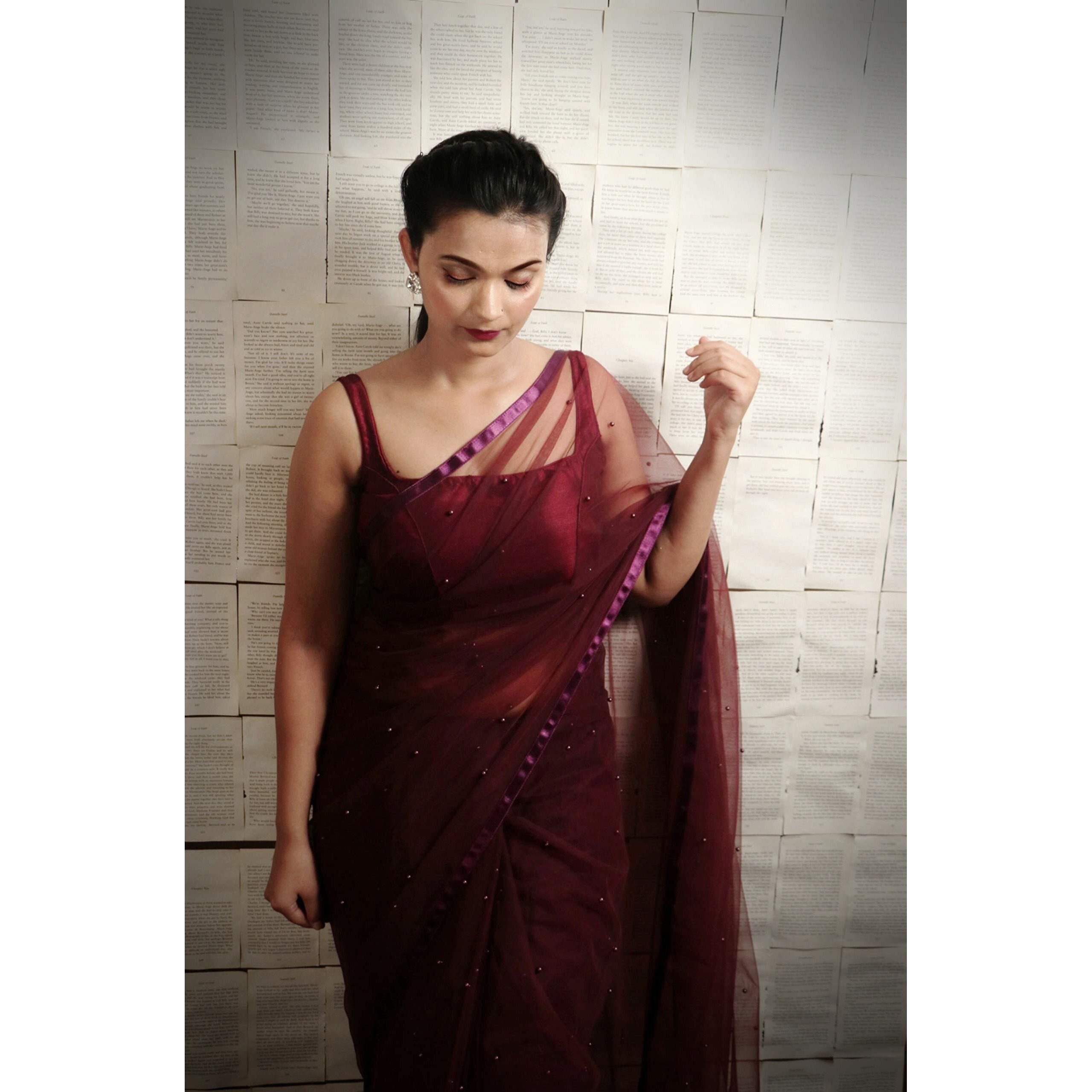 Wardrobe Luxury Womens Plain Net Saree (WL_014_MAROON_Red, Maroon)
