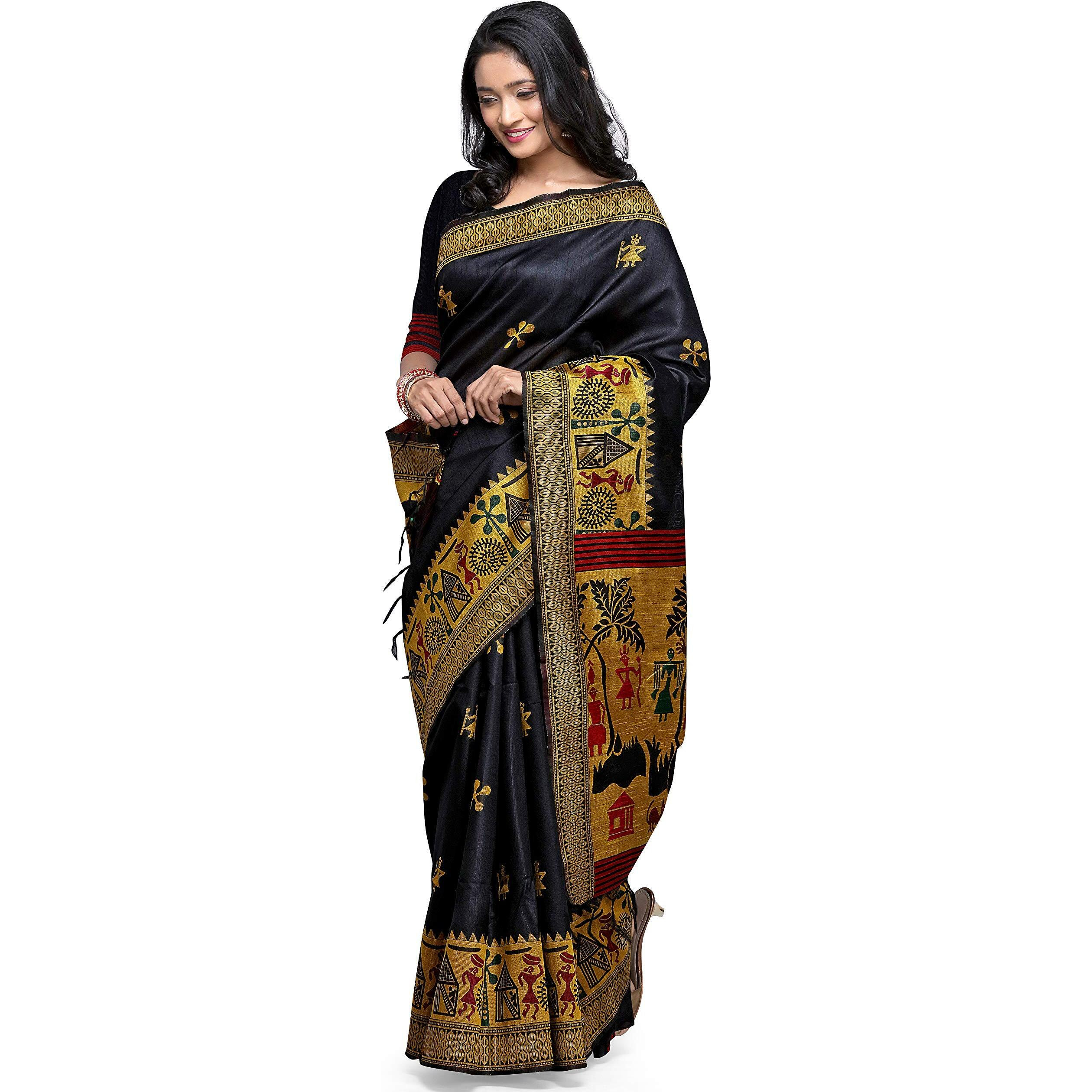 NK Textiles Womens Woven Silk Saree With Blouse Piece (C5ISH1001_Black)