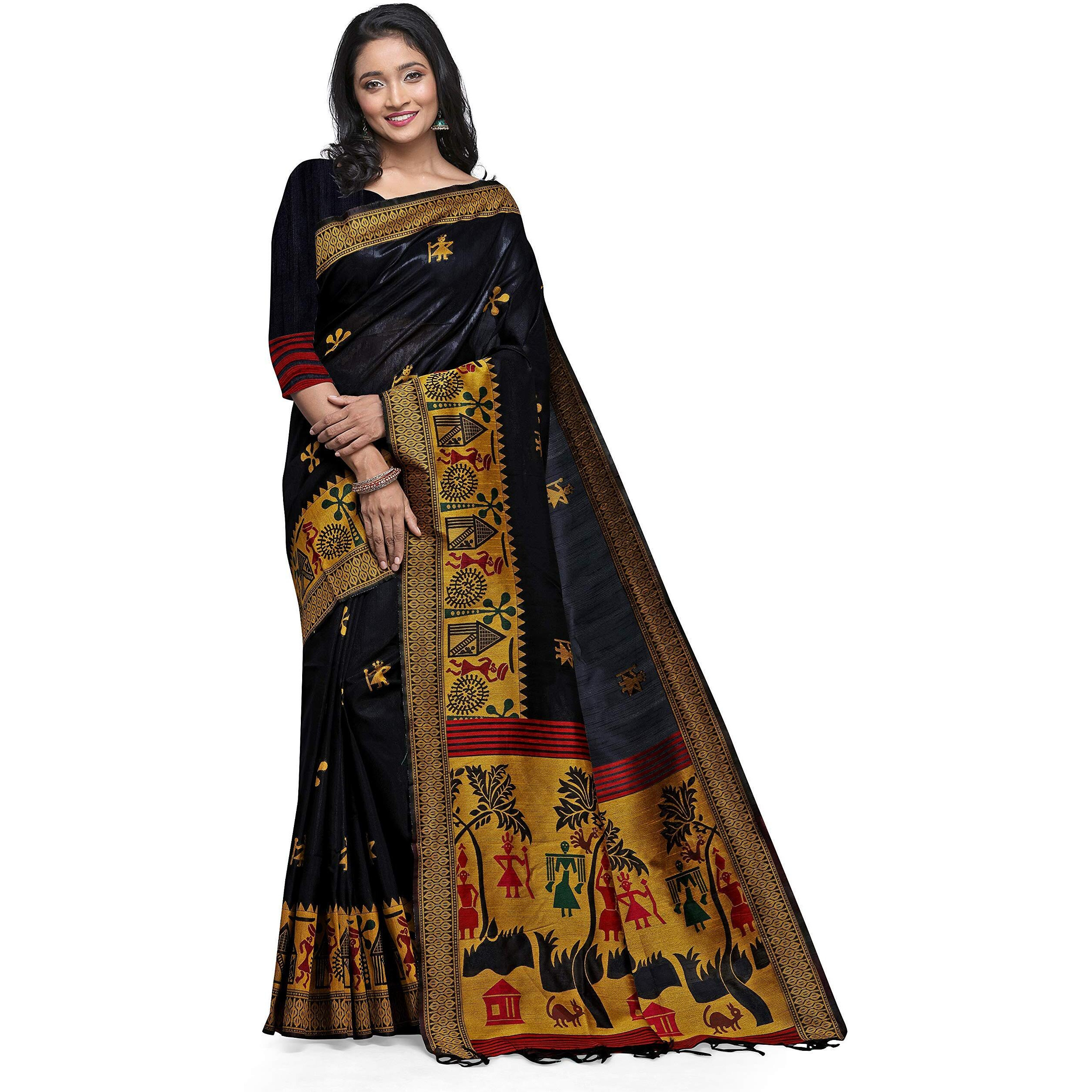 NK Textiles Womens Woven Silk Saree With Blouse Piece (C5ISH1001_Black)