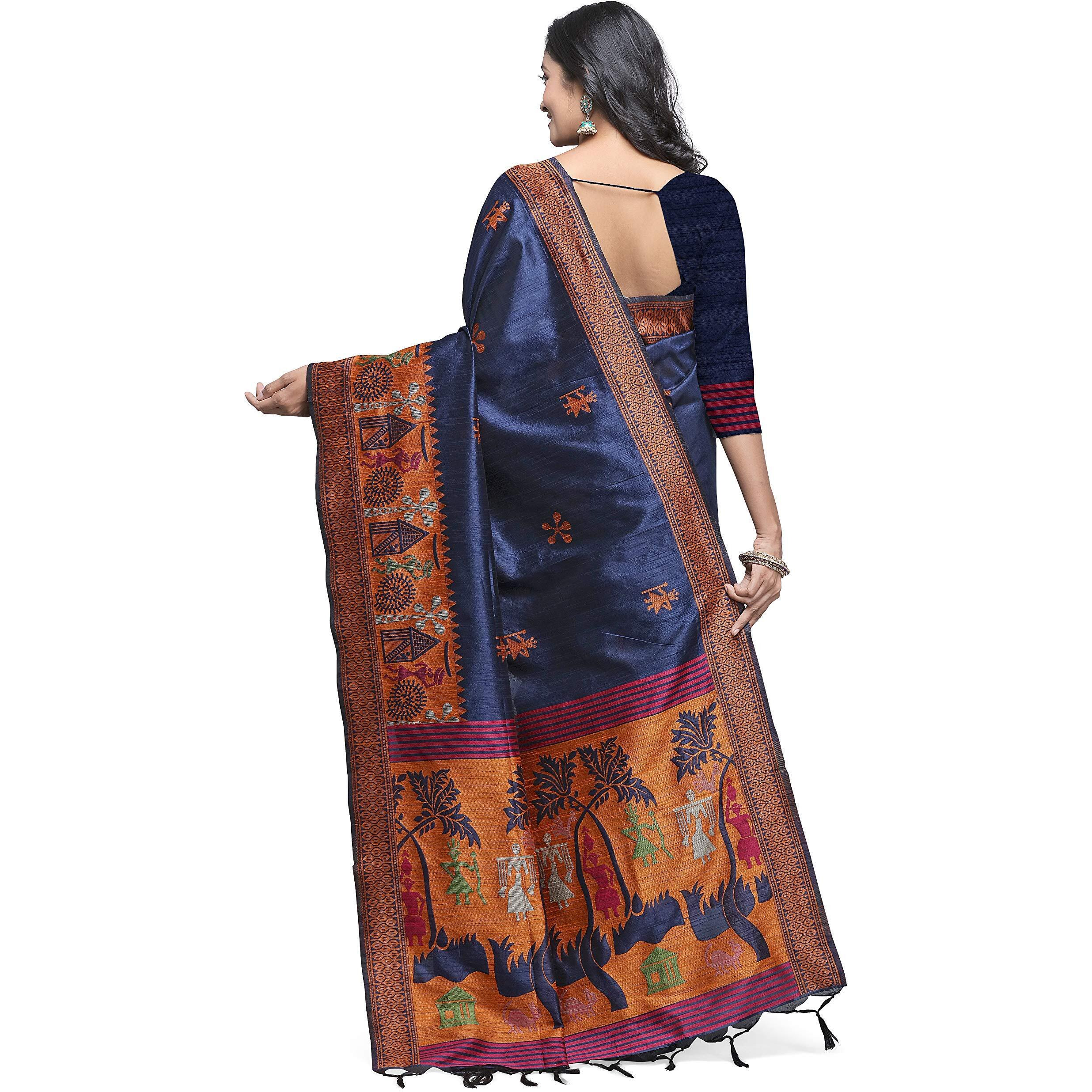 NK Textiles Womens Woven Silk Saree With Blouse Piece (C5ISH1004_Navy Blue)