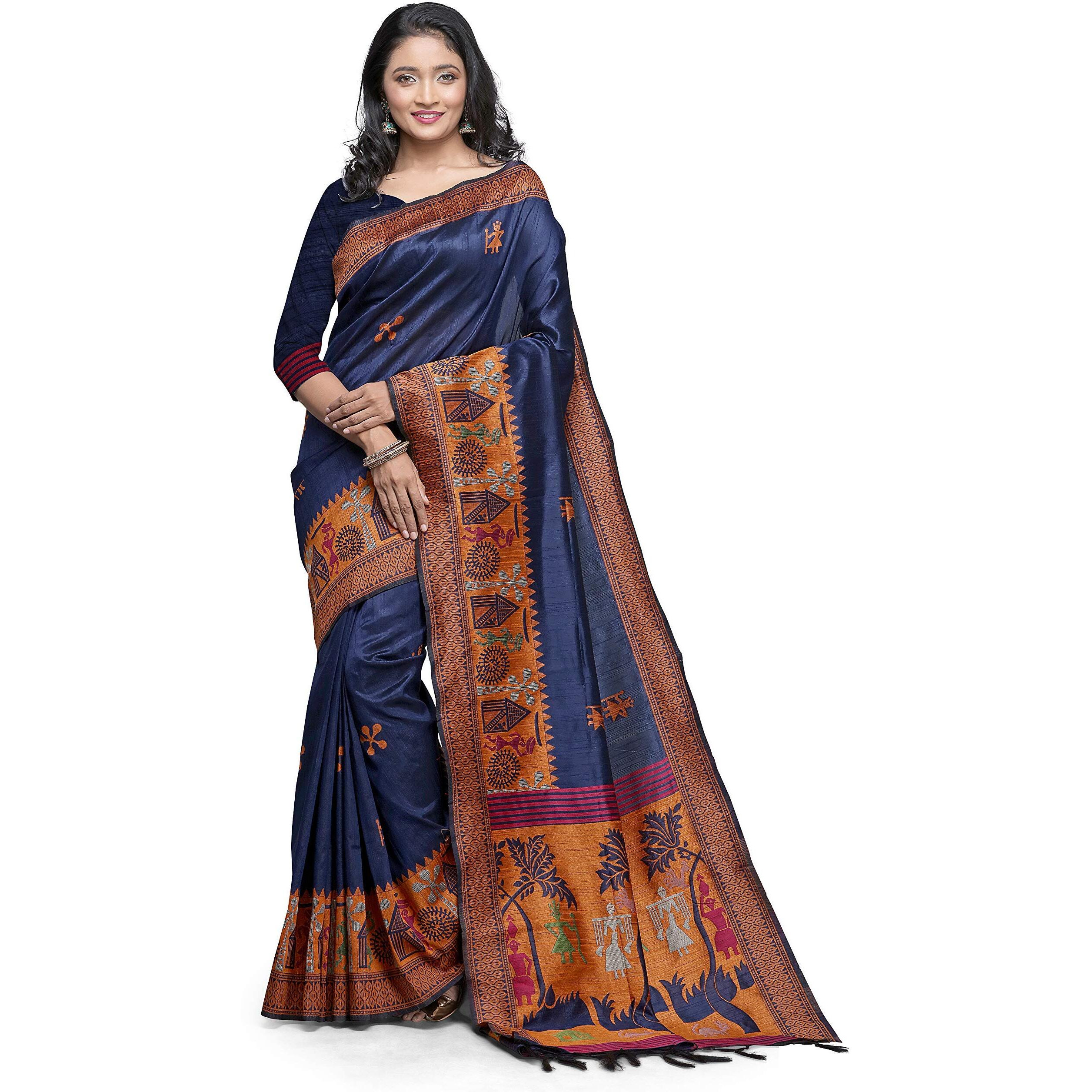 NK Textiles Womens Woven Silk Saree With Blouse Piece (C5ISH1004_Navy Blue)
