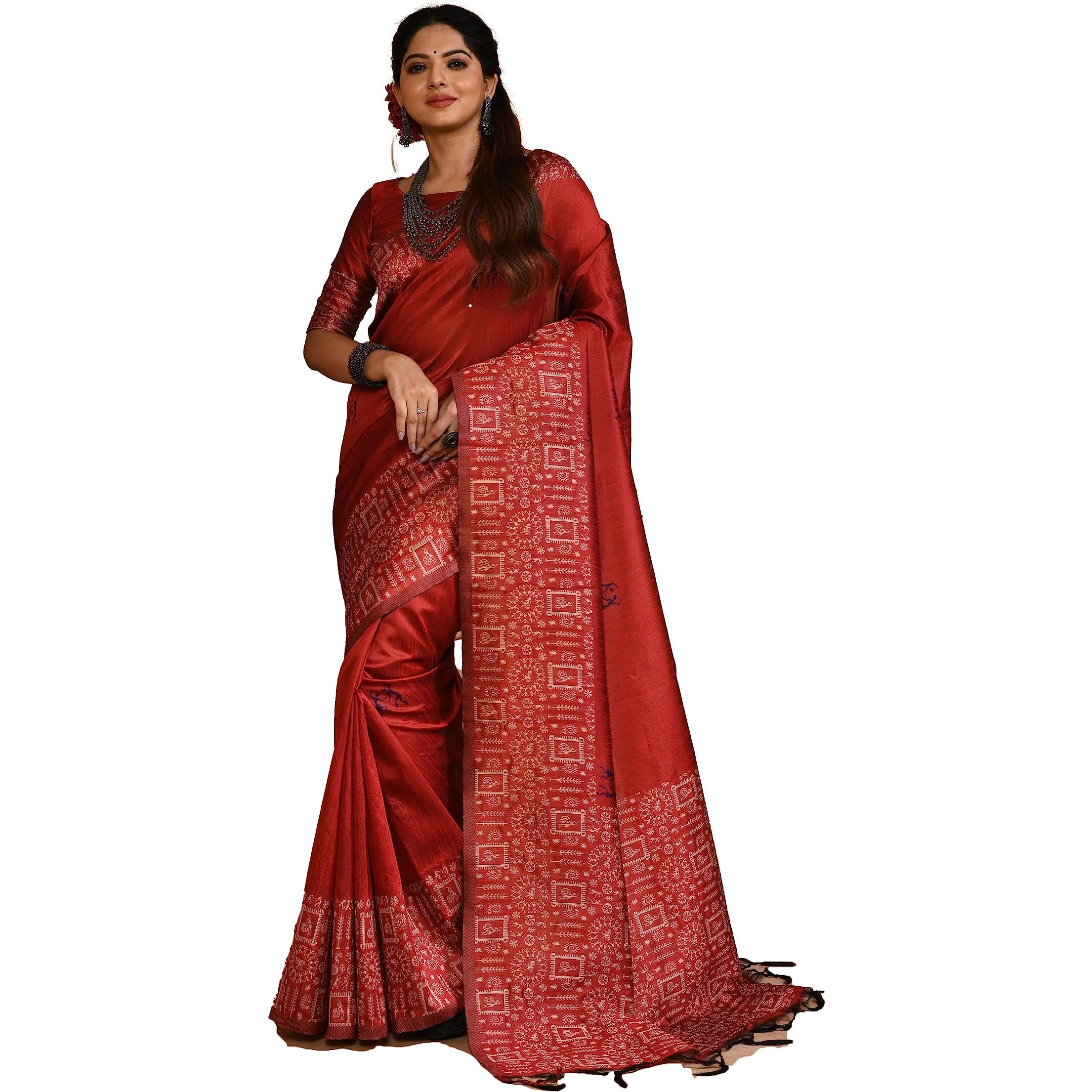 NK Textiles Womens Warli/Tribal Design Thread Woven Handloom Raw Silk Saree with Tassels (20 DESIGNS & COLORS)