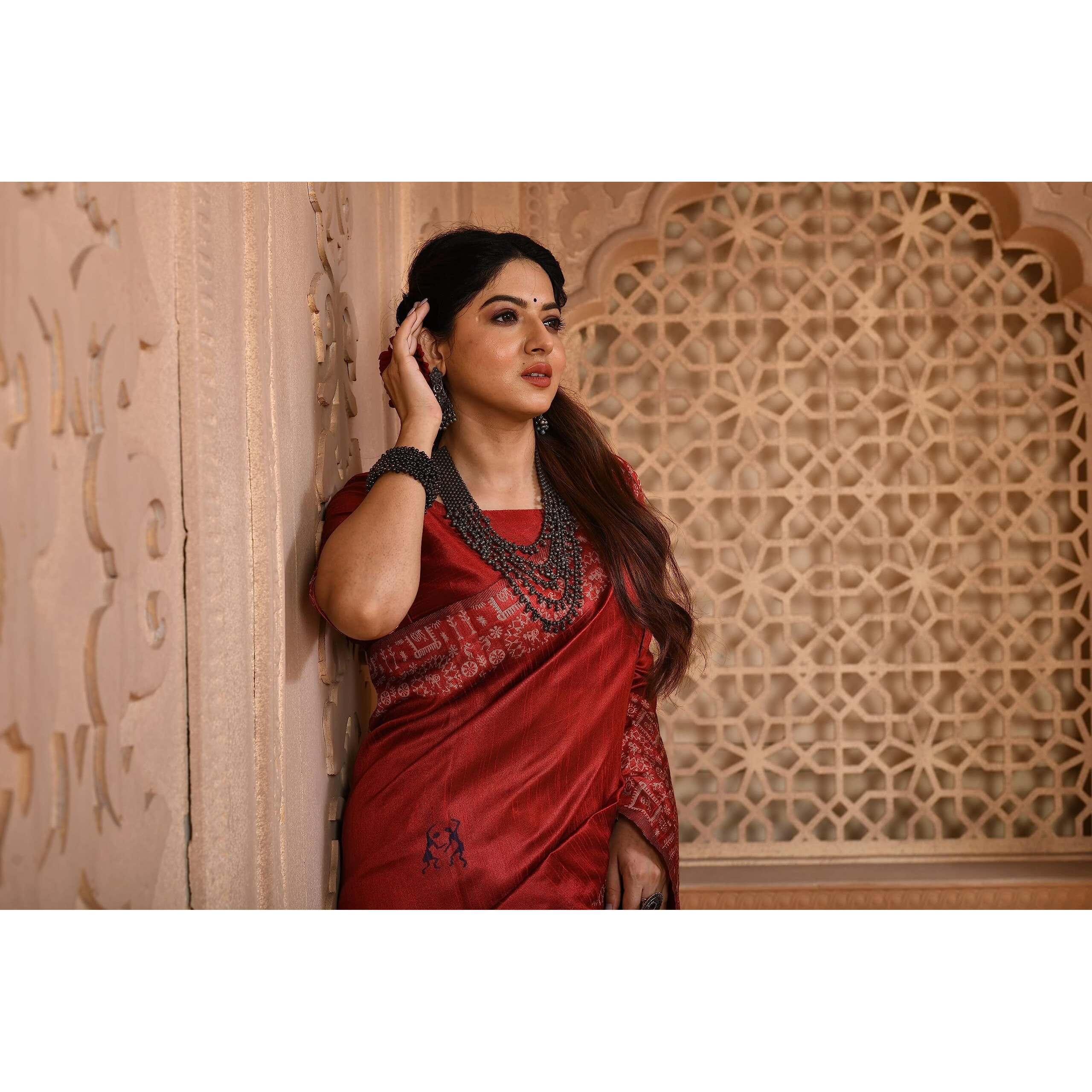 NK Textiles Womens Warli/Tribal Design Thread Woven Handloom Raw Silk Saree with Tassels (20 DESIGNS & COLORS)