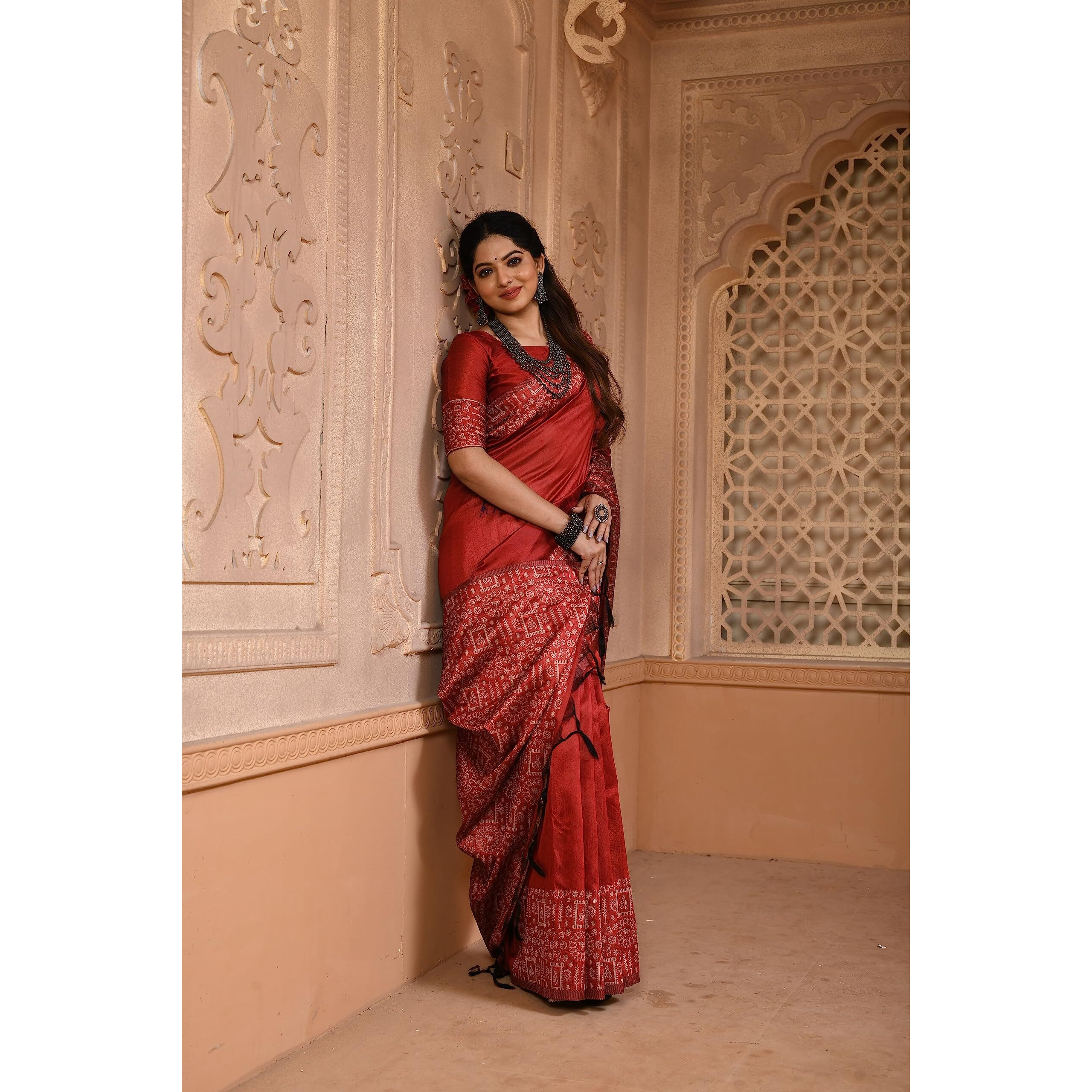 NK Textiles Womens Warli/Tribal Design Thread Woven Handloom Raw Silk Saree with Tassels (20 DESIGNS & COLORS)